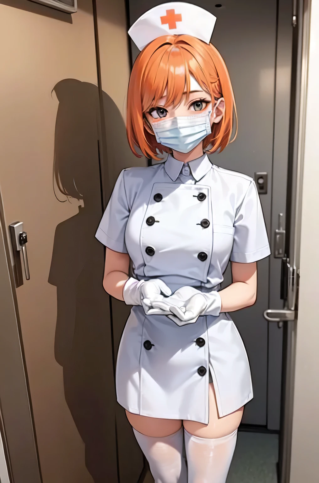 1girl, solo, nurse, nurse cap, white nurse uniform, ((white legwear, zettai ryouiki)), white gloves, very short hair, orange hair, ((white surgical mask, covered nose)), standing, ((hospital room)), sharp outline, short sleeves, tomboy, boyish, best quality, masterpiece