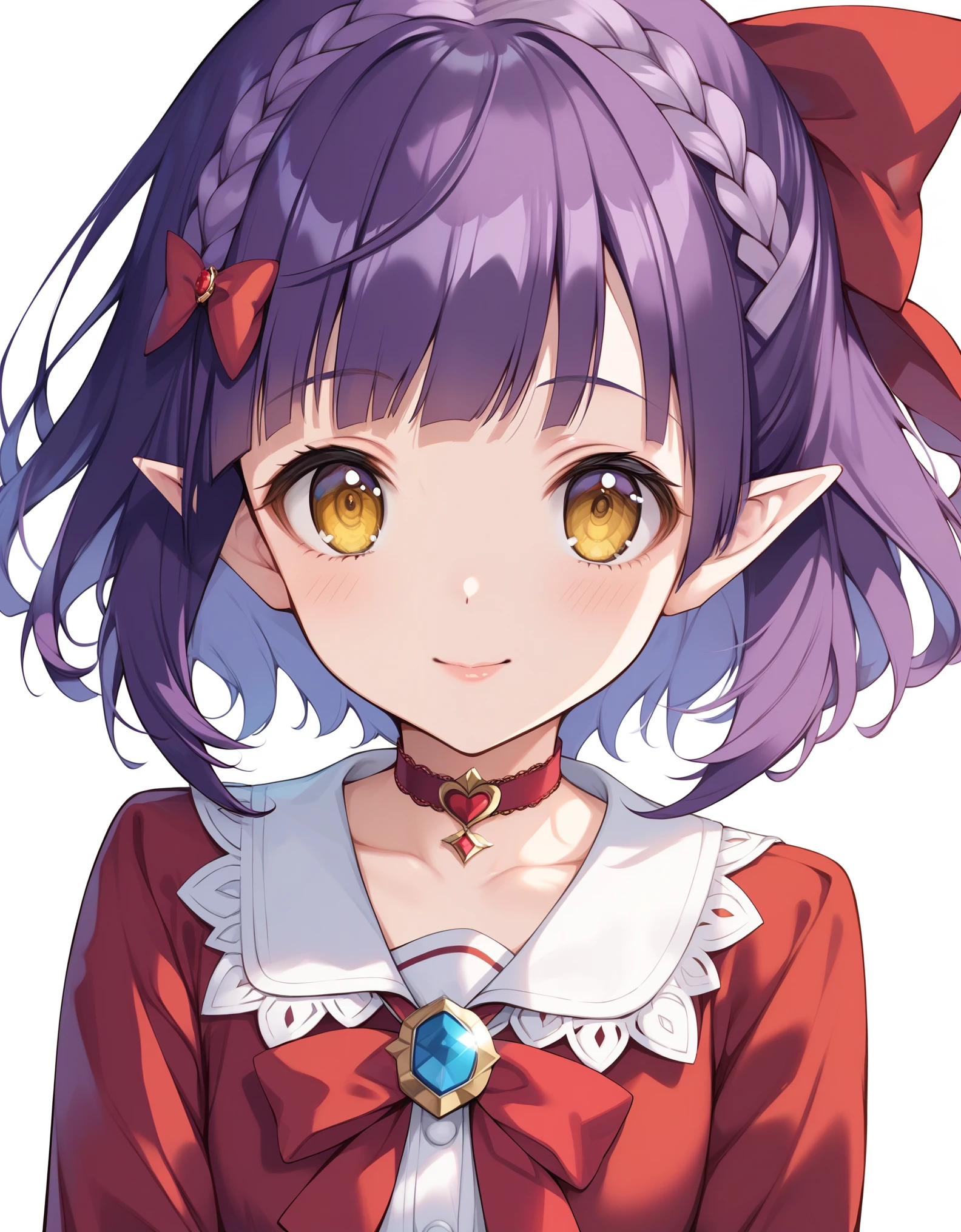 score_9,score_8_up,score_7_up, young, masterpiece, best quality, highres, nmm1, nekomusume, nekomusume \(gegege no kitarou 6\), 1girl, purple hair, yellow eyes, solo, red dress, red choker, hair bow, pointy ears, short hair, white shirt, long sleeves, red bow, bangs, collarbone, brooch, jewelry, pantyshot, white panties