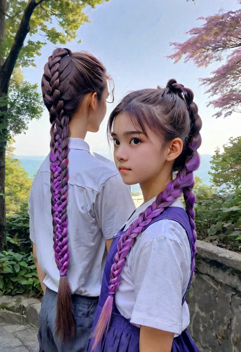Couple, school, girl and boy, Purple white gradient double braid long ponytail, cool, by Studio Ghibli, best quality, masterpiece, very aesthetic, perfect composition, intricate details, ultra-detailed