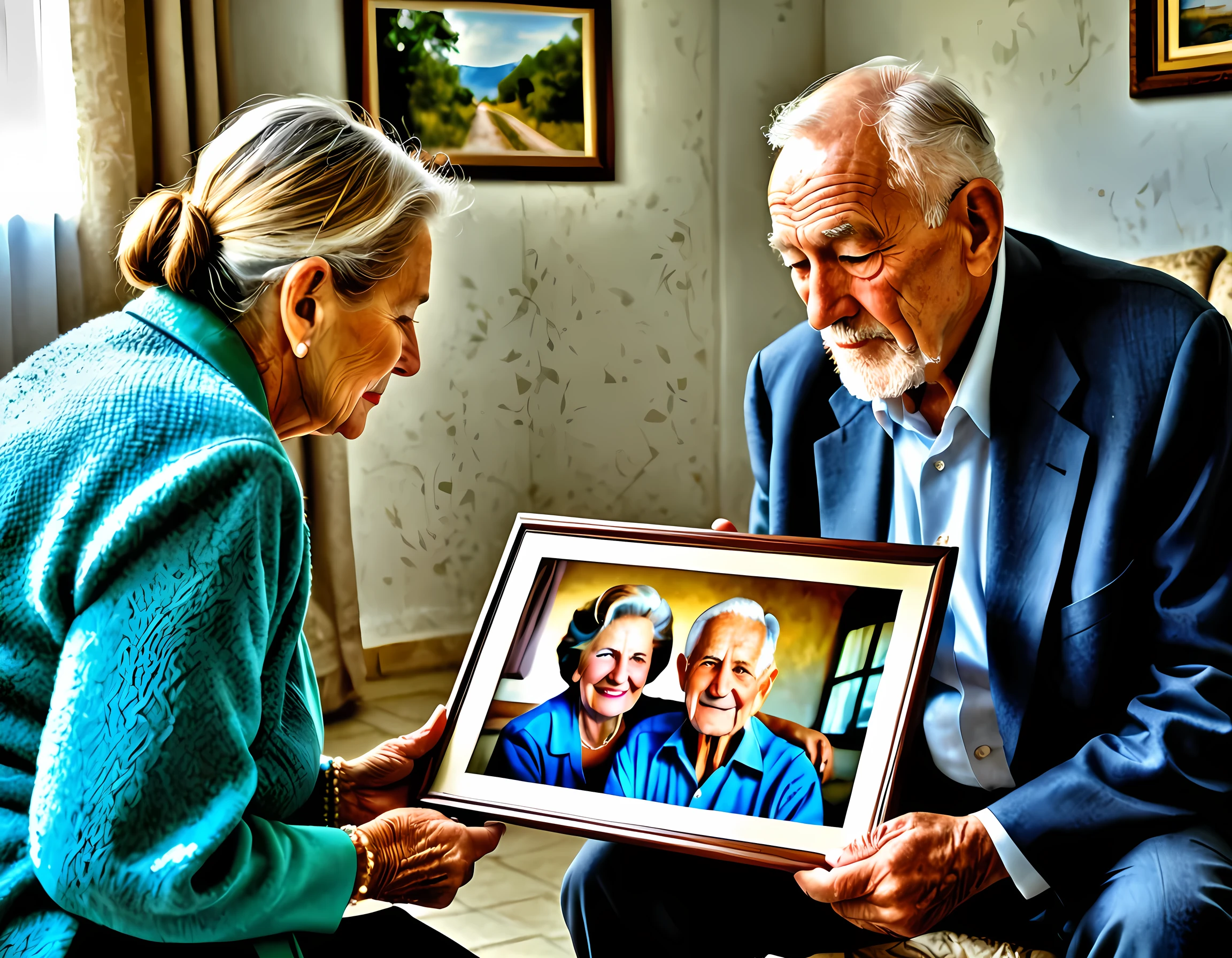 an old man looking at the picture of his old wife, dynamic range, ultra wide shot, photorealism, depth of field, hyper realistic,