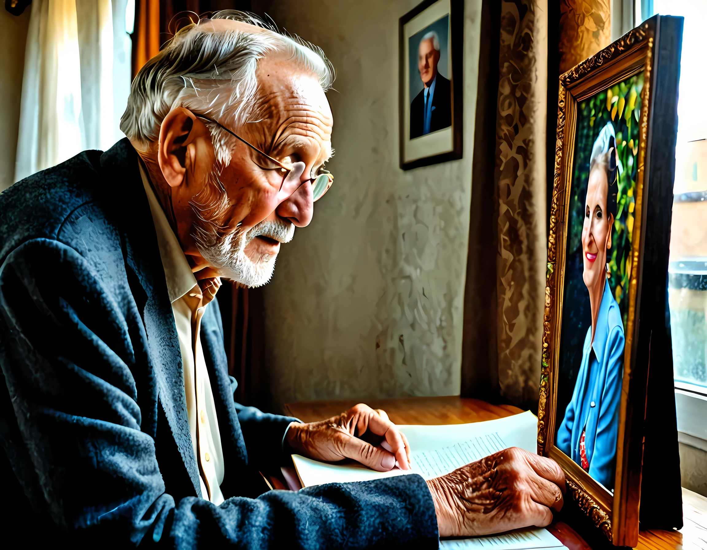 an old man looking at the picture of his old wife, dynamic range, ultra wide shot, photorealism, depth of field, hyper realistic,