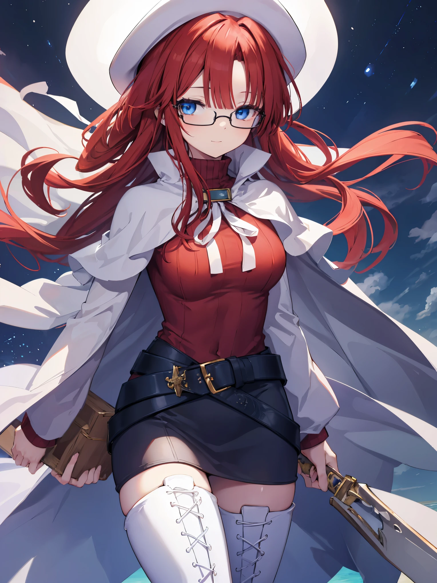 summonnightaty, aty, (young:1.3),long hair, blue eyes, red hair, large_beret, hat, glasses,
BREAK long hair, thighhighs, hat, dress, boots, glasses, belt, cape, sweater, zettai ryouiki, beret, thigh boots, white footwear, ribbed sweater, loose belt,solo,
BREAK outdoors, fantasy,on_the_ship,on_the_ship's_railing
,
BREAK (masterpiece:1.2), best quality, high resolution, unity 8k wallpaper, (illustration:0.8), (beautiful detailed eyes:1.6), extremely detailed face, perfect lighting, extremely detailed CG, (perfect hands, perfect anatomy),covered_nipples,covered_navel,light_smile ,(half_eyes:1.4),long_sword,armpit,sleepy,dynamic_dancing,barrel,red_sweater,apart_legs,magical_effect,spread_legs, have_a_book,teacher,rise_knee,kind_face