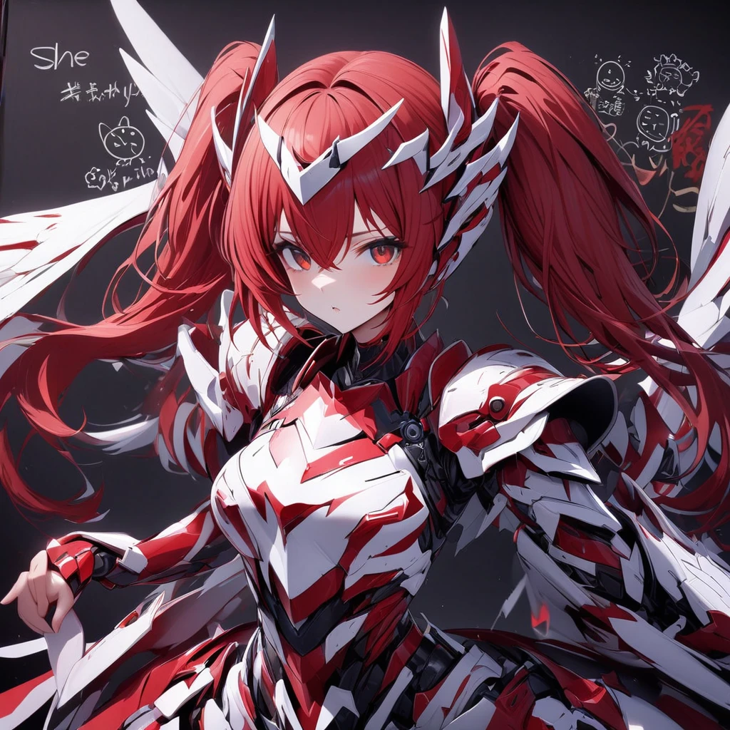 High quality, high definition, hig
h precision images,8k 1 Girl Robot Girl、red hair,Twin tails,Red eyes ,(red and white clothing Hold it with one hand),,He's wearing flashy robot armor.school blackboard towards,in Japanese red twin tails It writes,Pop doodles on the blackboard,
