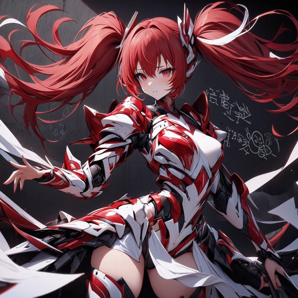 High quality, high definition, hig
h precision images,8k 1 Girl Robot Girl、red hair,Twin tails,Red eyes ,(red and white clothing Hold it with one hand),,He's wearing flashy robot armor.school blackboard towards,in Japanese red twin tails It writes,Pop doodles on the blackboard,
