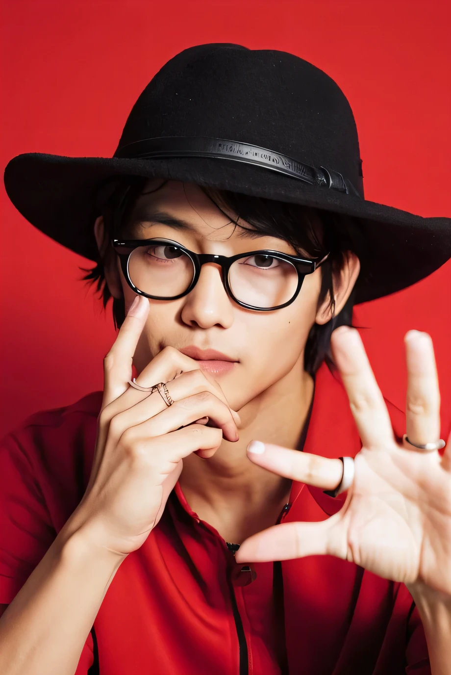 Create an Instagram profile picture、
Red background、Wearing glasses、Wearing a black hat、The white mahjong tile is held between the middle and index fingers of the right hand.、The mahjong tile is held between the middle and ring fingers of the right hand.、Inside the mahjong tile, create a male anime character holding it between his right ring finger and pinky finger, and wear a black hat with a rounded brim.