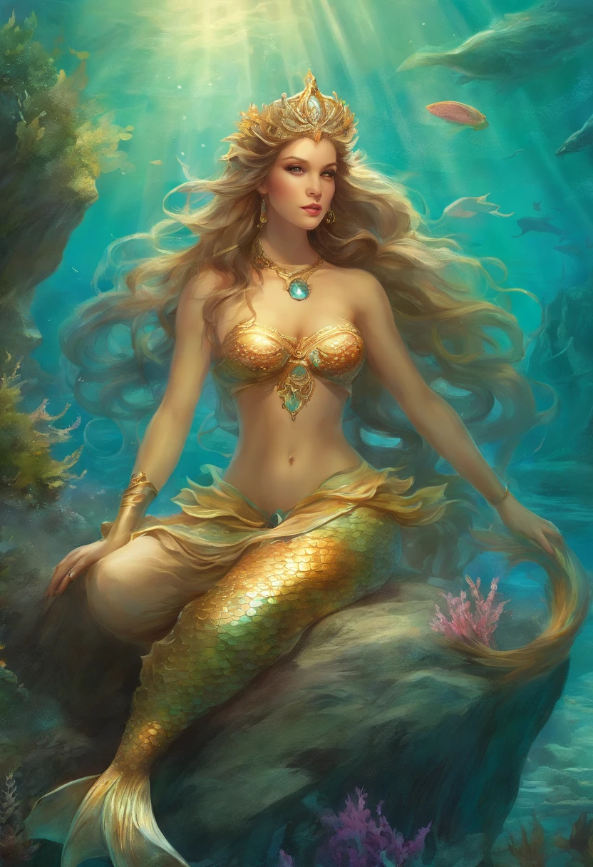 ((A beautiful mermaid sitting on a rock at the bottom of the sea)), ((mermaid tail)), sexy and sensual, Seductive love goddess, Lúthien, goddess art, Goddess of Greek mythology, Moon Goddess, Goddess of love and peace, beautiful goddess, Goddess of the waters, An impressive portrait of a Goddess of the sea, in the background sea vegetation, Frank Kelly Freas, Karol Bak Style, ((pretty face)), Ultra definition, best quality, 32k ultra, Ultra HD