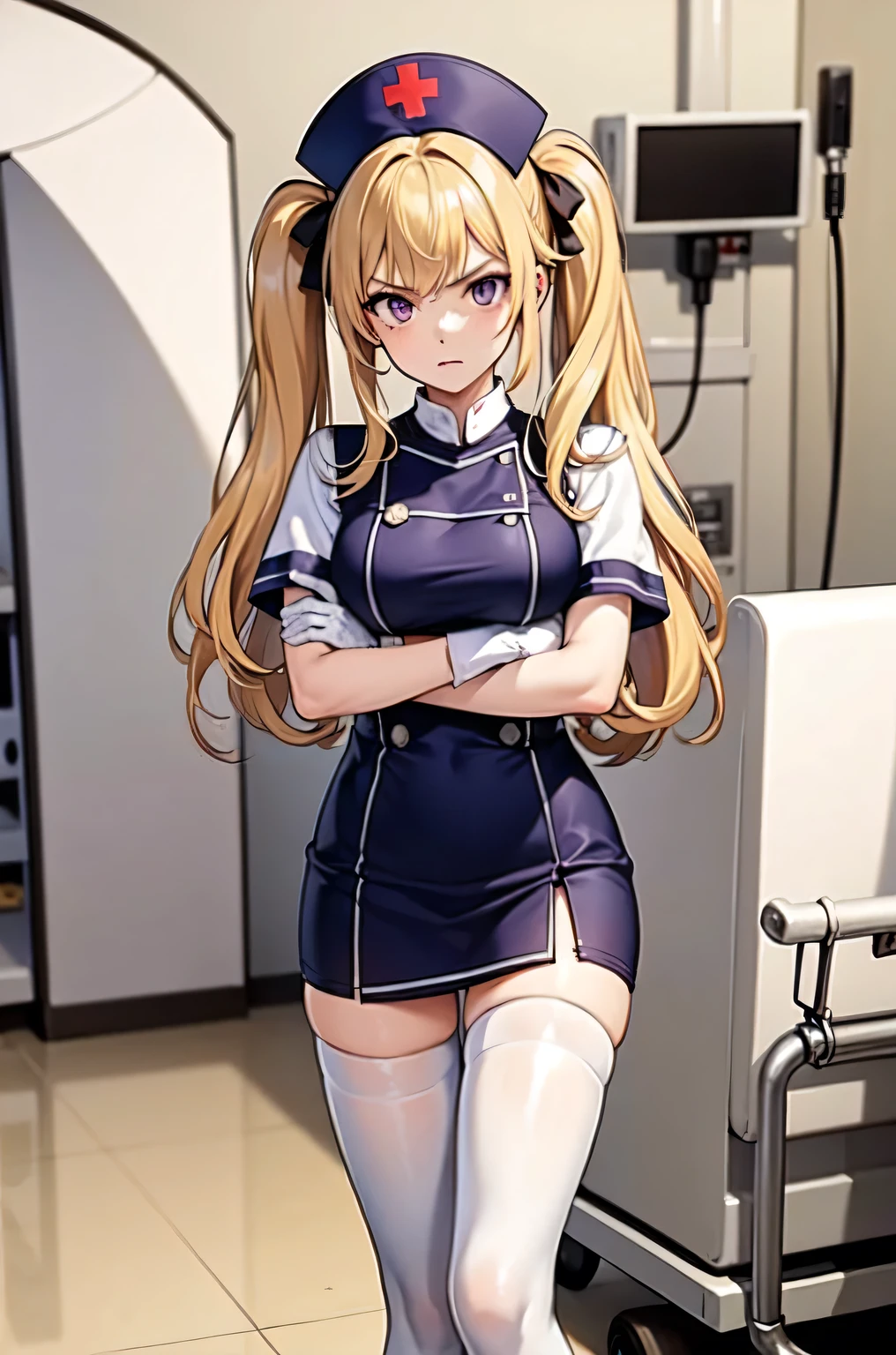 1girl, solo, nurse, nurse cap, white nurse uniform, ((white legwear, zettai ryouiki)), white gloves, twintails, yellow hair, purple eyes, angry, crossed arms, standing, ((hospital room)), sharp outline, short sleeves, best quality, masterpiece