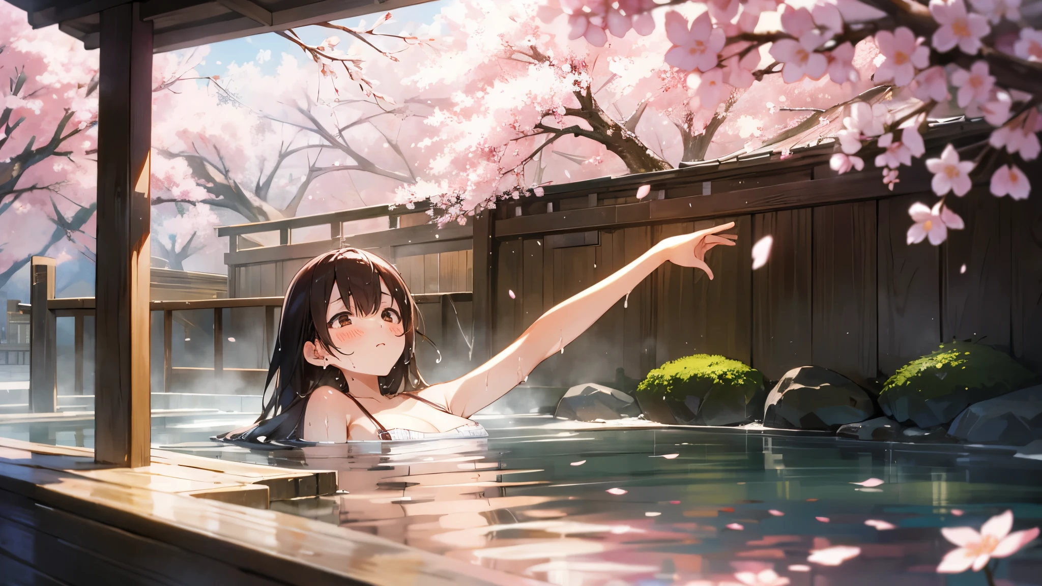 Open-air bath、Sweat、girl、Japan、hot spring、Beautiful scenery、cherry blossoms、
