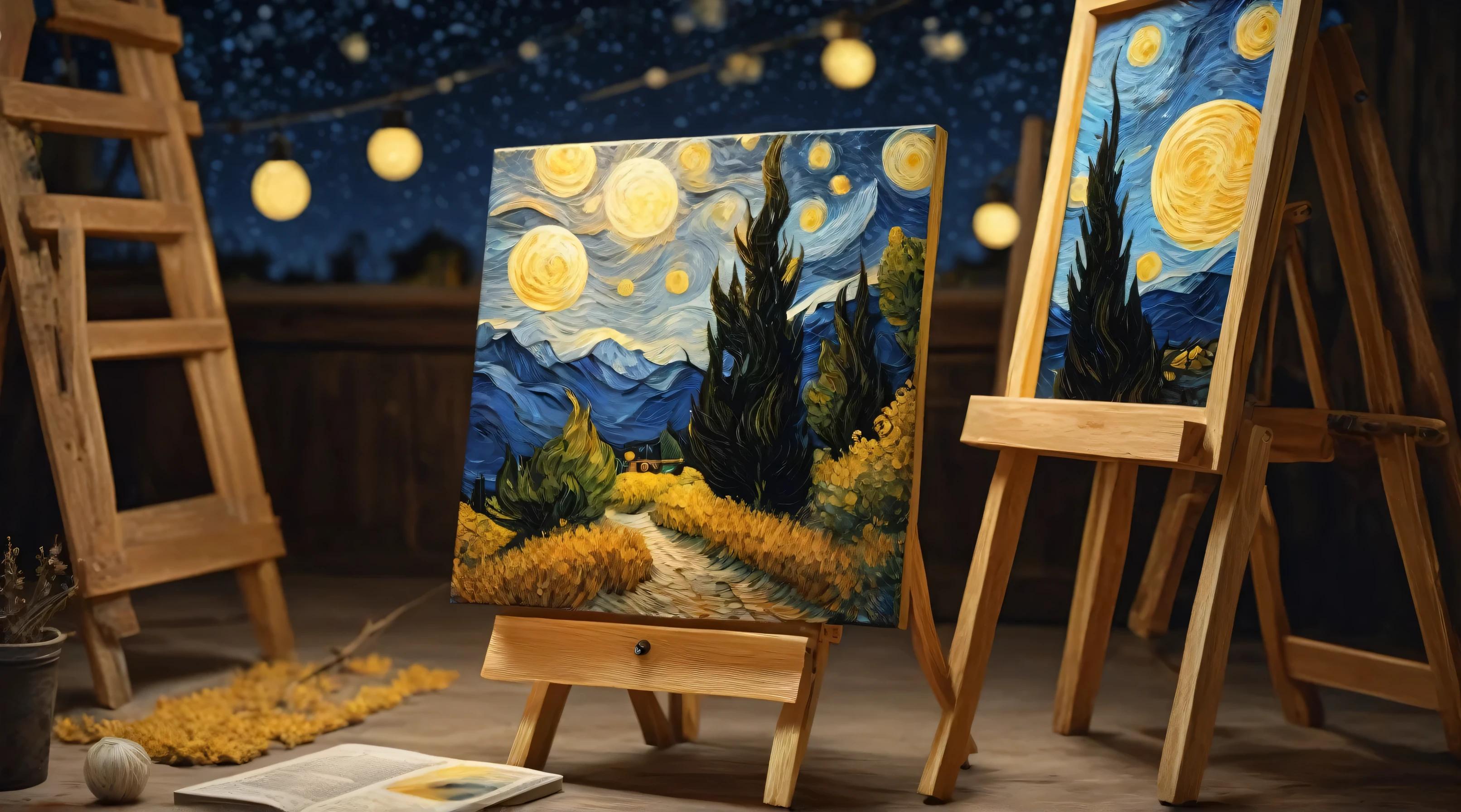 Full Moon Starry Night Painting by Van Gogh, Isometric, Cinematic, Hyperrealistic, Backlit, Extremely Low Angle, Highly Detailed, Low View, Unrealistic Rendering, 8K