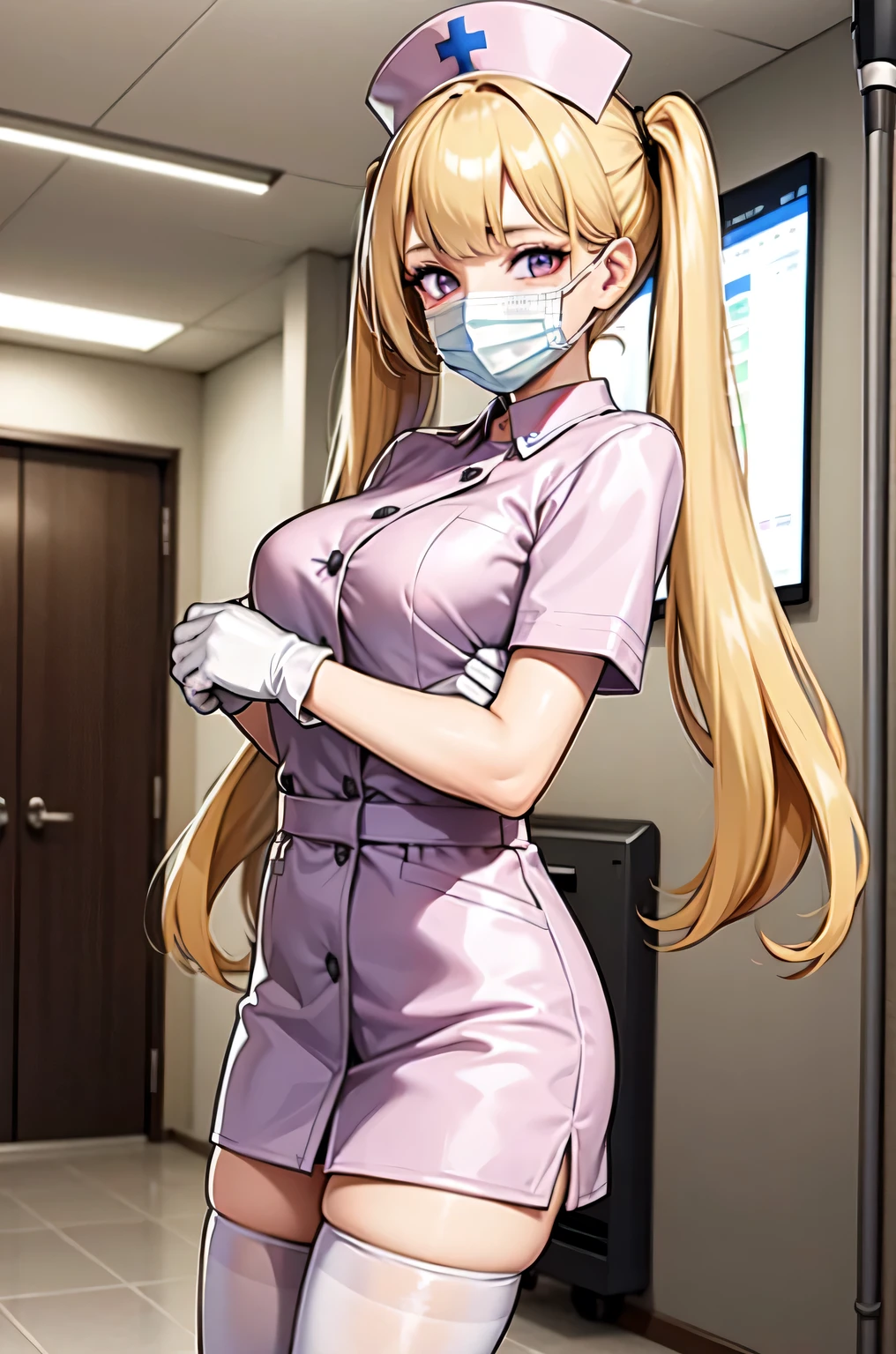 1girl, solo, nurse, nurse cap, white nurse uniform, ((white legwear, zettai ryouiki)), white gloves, twintails, yellow hair, purple eyes, ((white surgical mask, covered nose)), standing, ((hospital room)), sharp outline, short sleeves, best quality, masterpiece