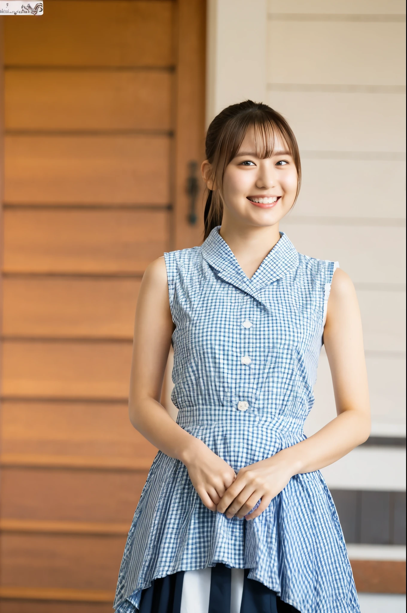 Ultra HD,A girl in a high , round face,Very cute face,Japanese, that are too short,Checkered Skirt,18-year-old,A big smile,whole body,Thighs,Large Breasts,ponytail,From below
