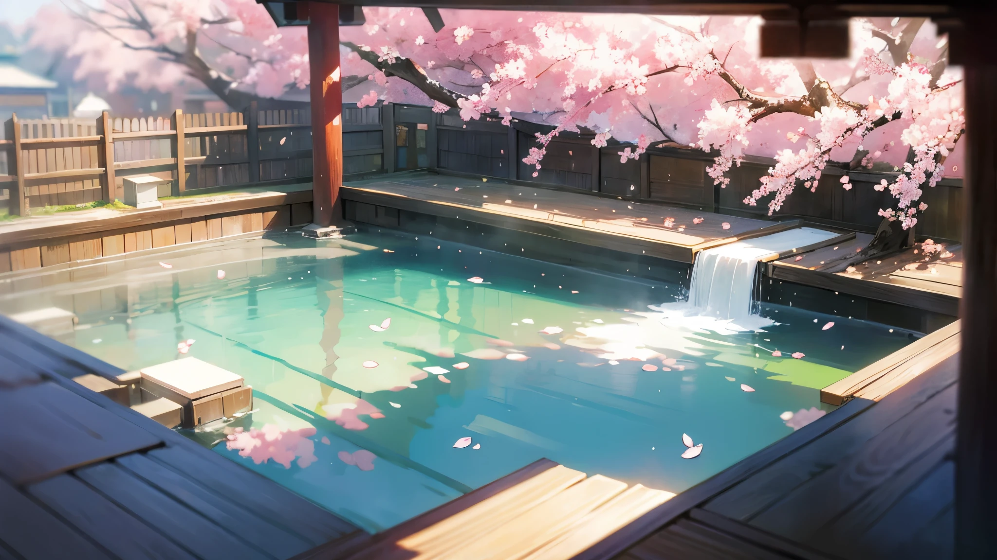 Open-air bath、Sweat、girl、Japan、hot spring、Beautiful scenery、cherry blossoms、
