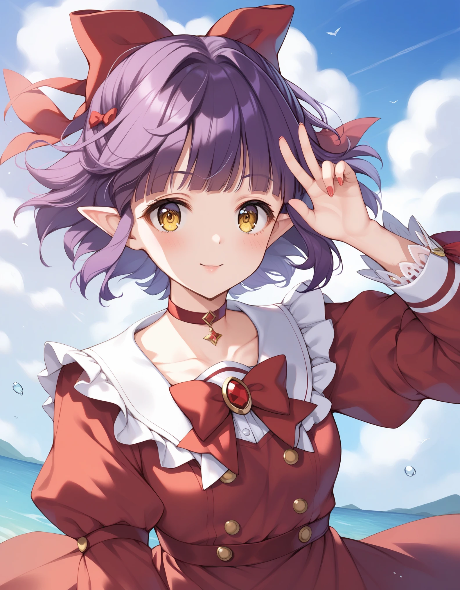 score_9,score_8_up,score_7_up, young, masterpiece, best quality, highres, nmm1, nekomusume, nekomusume \(gegege no kitarou 6\), 1girl, purple hair, yellow eyes, solo, red dress, red choker, hair bow, pointy ears, short hair, white shirt, long sleeves, red bow, bangs, collarbone, brooch, jewelry, pantyshot, white panties