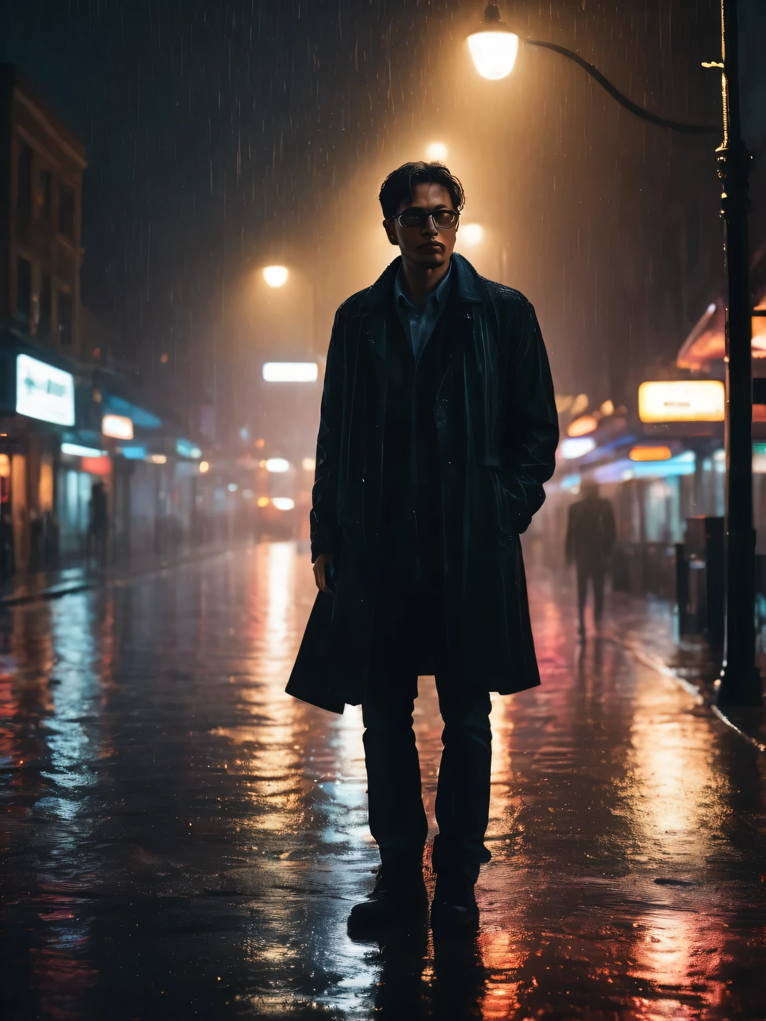 (best quality,4k,8k,highres,masterpiece:1.2),ultra-detailed,(realistic,photorealistic,photo-realistic:1.37),a man standing alone in a rainy night, wearing glasses,sad expression,visibly distraught,shallow depth of field,soft focus,heavy rain pouring down,raindrops glistening on the ground,wet pavement reflecting the neon lights,glassy eyes,tears rolling down his face,dark silhouette against the backdrop of the city lights,gentle mist enveloping the scene,street lamps creating a warm glow,desolate atmosphere,long exposure effect,trickle of rain running down his soaked clothes,lost in thought and deep sadness,subtle reflections on his glasses,evoking a sense of longing and heartbreak,strong contrast between the bright lights and the darkness,subdued colors by desaturating,the light illuminating his face from an unknown source, creating a mysterious ambiance.