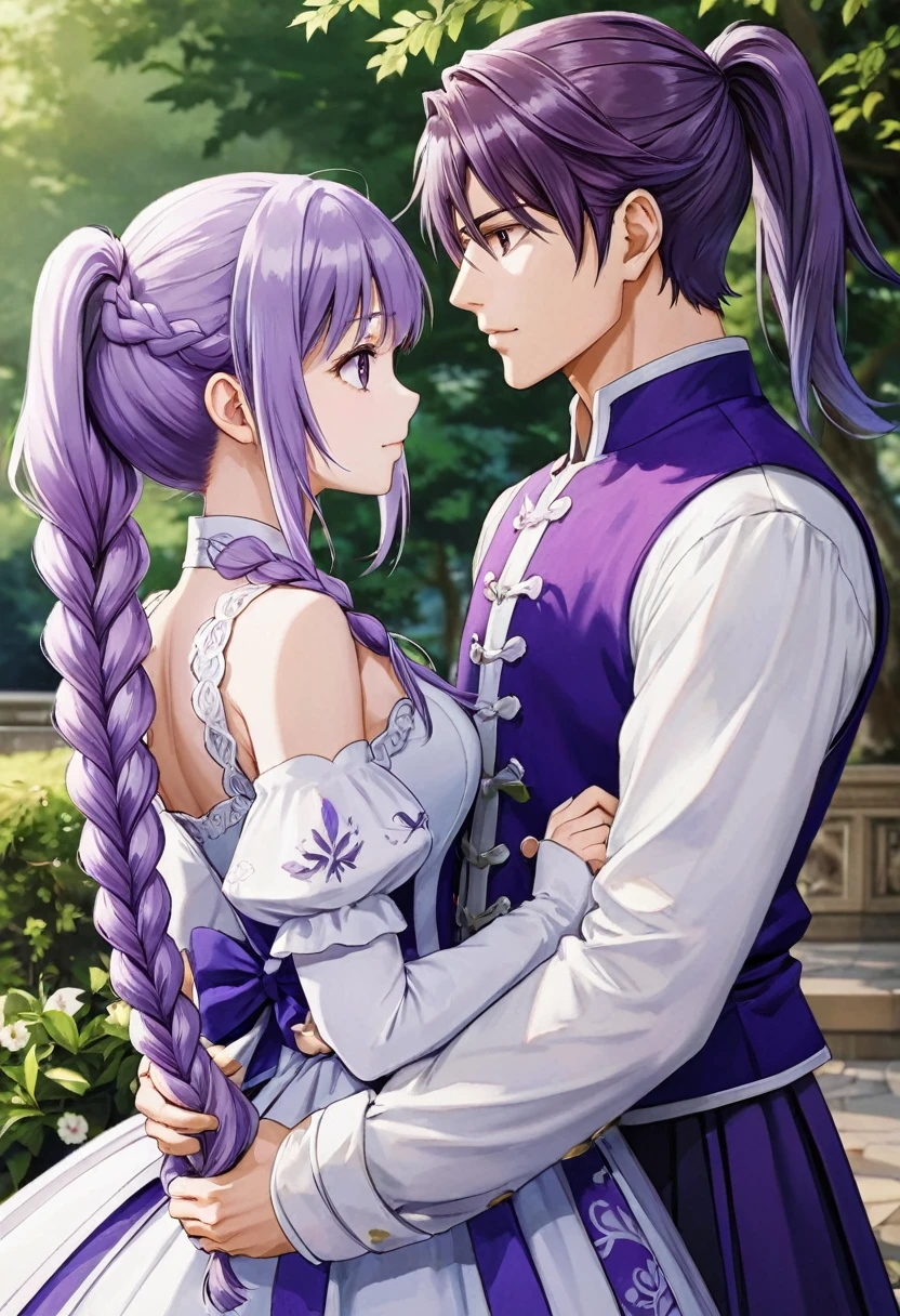 Couple Photo, anime realism, love story, Purple white gradient double braid long ponytail, personality, (masterpiece, best quality, Professional, perfect composition, very aesthetic, absurdres, ultra-detailed, intricate details:1.3)