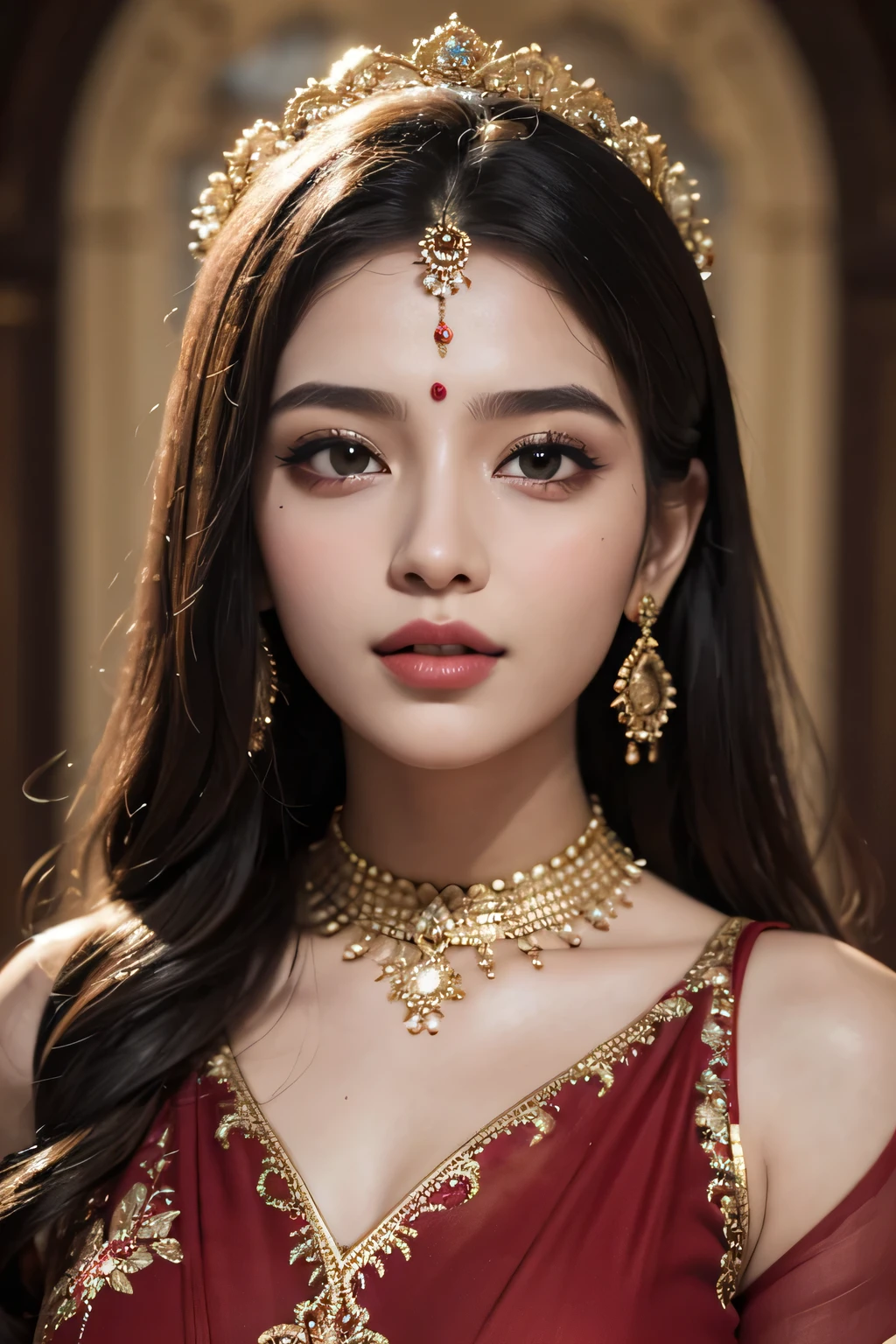 (best quality, 4k, 8k, highres, masterpiece:1.2), ultra-detailed, realistic:1.37, professional, stunning red saree, beautiful face and eyes, luscious long hair, graceful pose, vibrant colors, portrait, Indian beauty, detailed fabric folds, alluring expression, soft and natural lighting, rich textures, intricate jewelry, mesmerizing gaze, captivating smile, flawless skin, elegant makeup, confident and empowering, traditional yet modern, exuding charm and glamour.