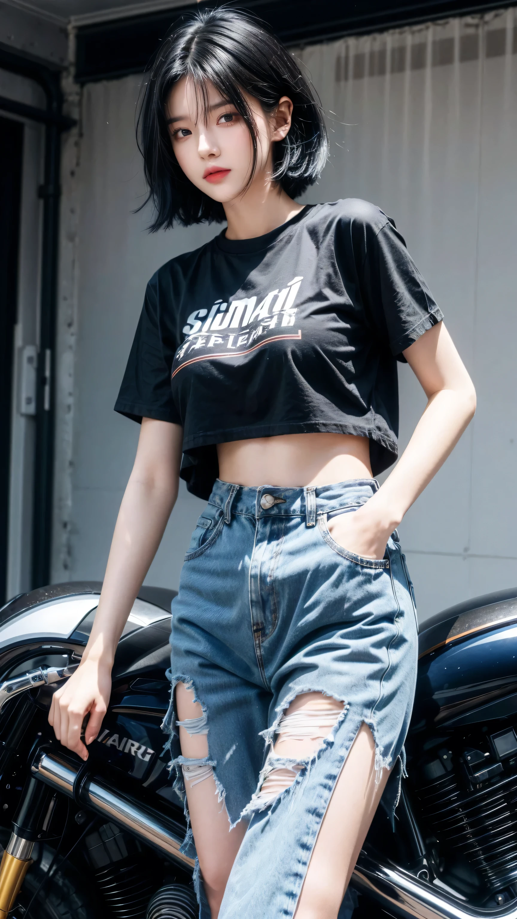 best quality, 1 Girl, dark blue hair, black eyes, Very short hair, Spiky hair, dark blue oversize t-shirt, High waist short jeans, 171 cm, Messy hair, Hair between the eyes, Medium breasts, full, Tomboy, aldult, 20 years old, 1 Girl near orange motorcycle