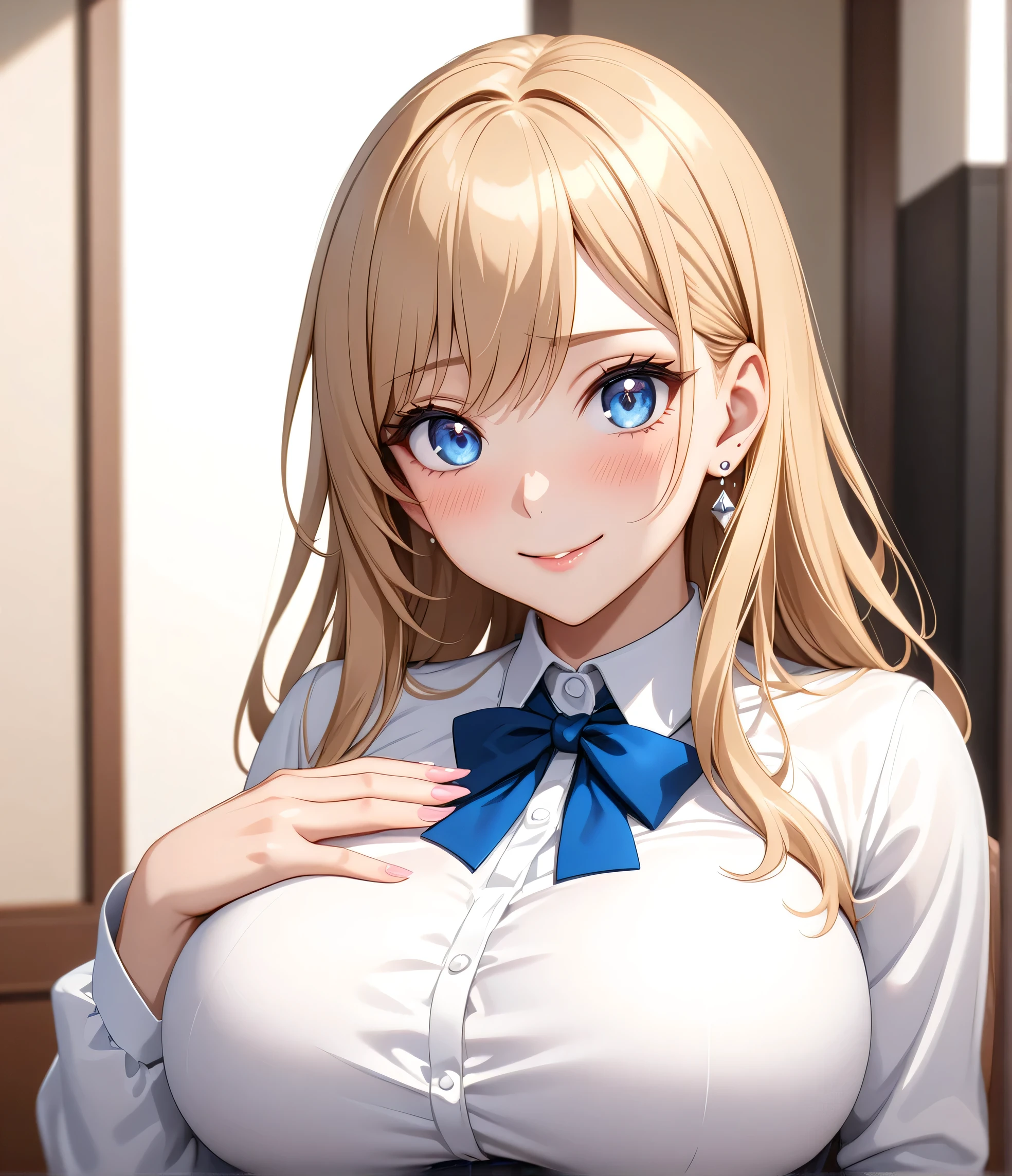 (One girl), Beautiful smile,Embarrassed face, Close your mouth,Glossy Lips,Abstract, School, masterpiece, highest quality, so beautiful, Absurd, up to date, Complex details,(Touch your face with your hands), Pink long nails,AI-generated, Complex,High resolution, highest quality, super high quality,3D Images、View the viewers、3D Images,one person,Anime girl with long blonde hair and blue eyes posing for a photo, [[Fine grain、blue eyes、Shining Eyes:1.15]],a hyperRealistic , hyperRealistic , Realistic , blonde anime girl with long hair, Smooth anime CG art, Beautiful anime school girl,White long sleeve blouse,Blue checked skirt,Blue Chest Ribbon, Earrings,(Large Breasts:1.5), Mature Body,Fine details,Abdominal muscles,Blushing
