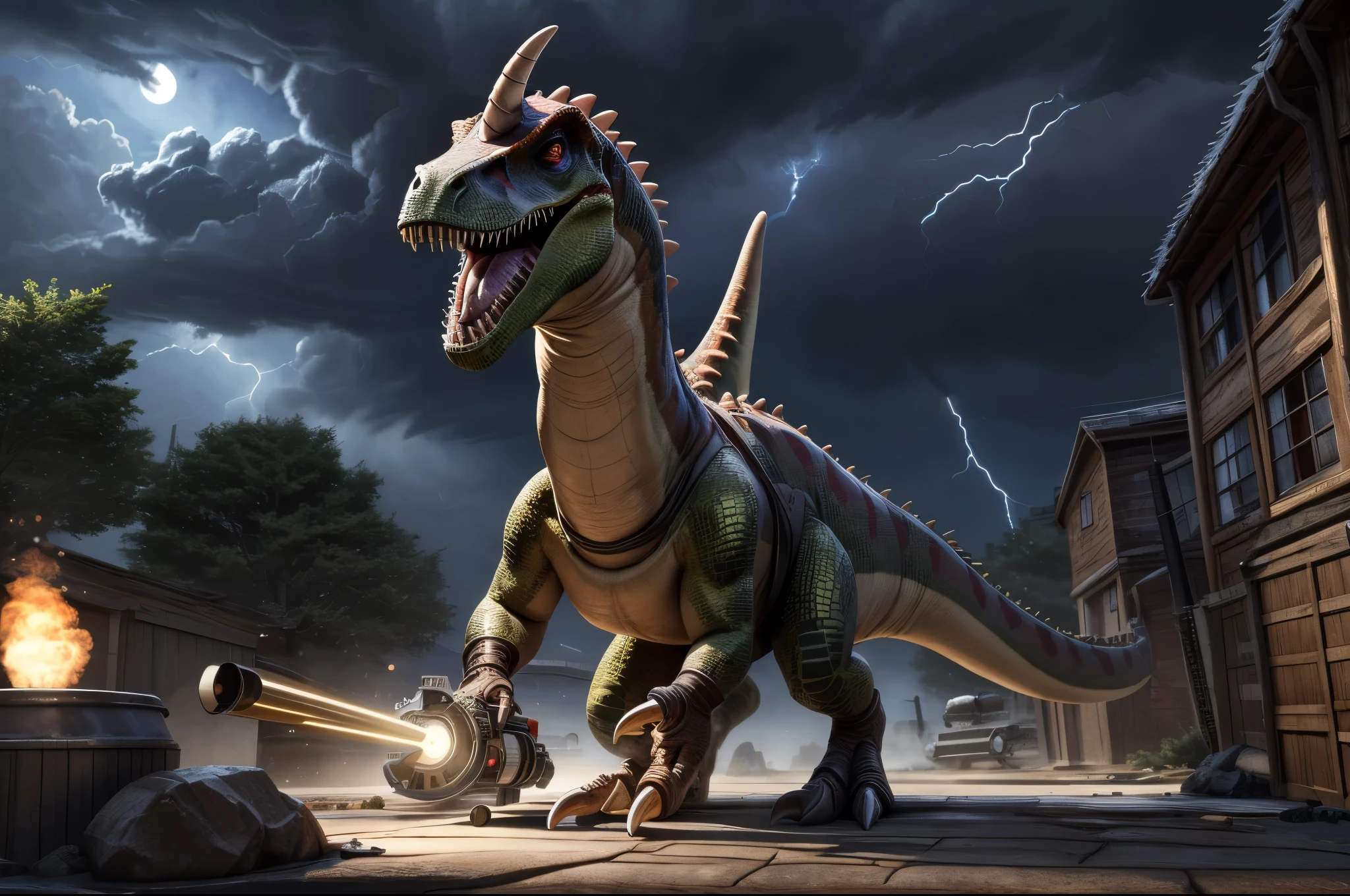(((dinosaur character, full body, cinematic setting, lizard male)))
Here I come, drop your jaws to the floor
I'm riding on my (((mighty laser-shooting dinosaur)))
Here we come, can you hear him roar?
Prepare for epic fight and his (((laser missiles)))
The sound is boom, boom, boom for every time a goblin dies
Let's sing now, here we go, hear my battle cries
(((Made of metal))) from the moon
Assembled by samurai
His battery gets charged by thunderstorm
With most advanced AI
Devouring trolls and unicorns
From his maw there comes a flame
Burning away our enemies
And therefore we proclaim
BREAK, detailed background, 8K, (masterpiece:1.5), intricate details, highly detailed, extreme detail, octane render, fine art, best quality, highres, (detailed face:1.5), ((full_body)), UHD, (((perfect hands))), low light