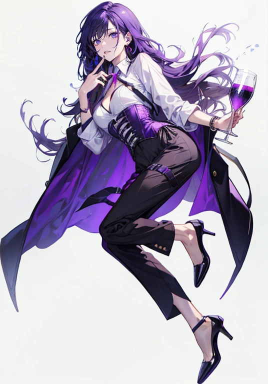 Purple hair,long hair,Adult female,(bartender),((Body Harness)),((Roll up your shirt sleeves)),(corset),(slacks),(High heels),((Simple Background)),smile,((whole body)),((full body)),Character Sheet,