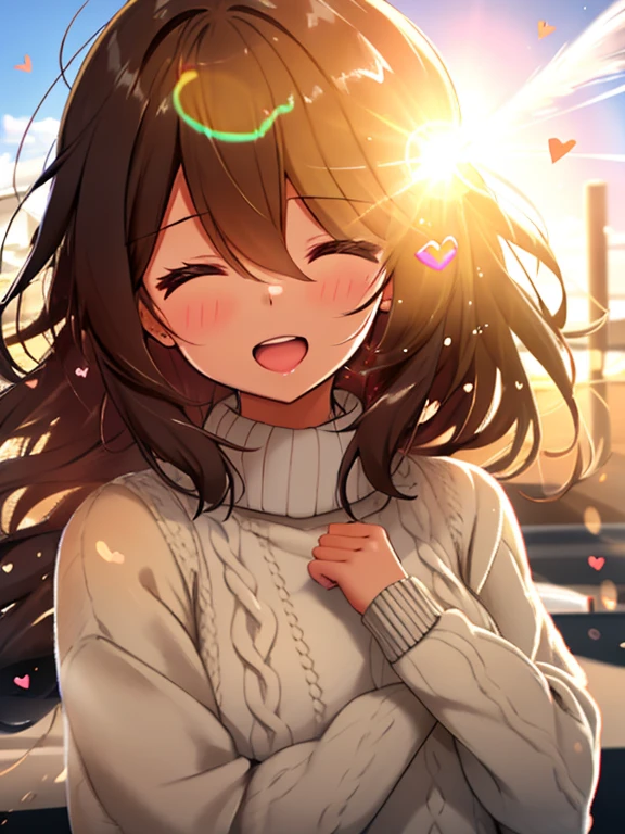 girl, Wear a cozy sweater, Upper Body, (LOL:1.1), (Open your mouth:1.1), (Eyes Wide Open:1.2), Sun glare, Bokeh, Depth of written boundary, Blurred Background, Particles of light, Strong winds, (Heart Particles:1.1)