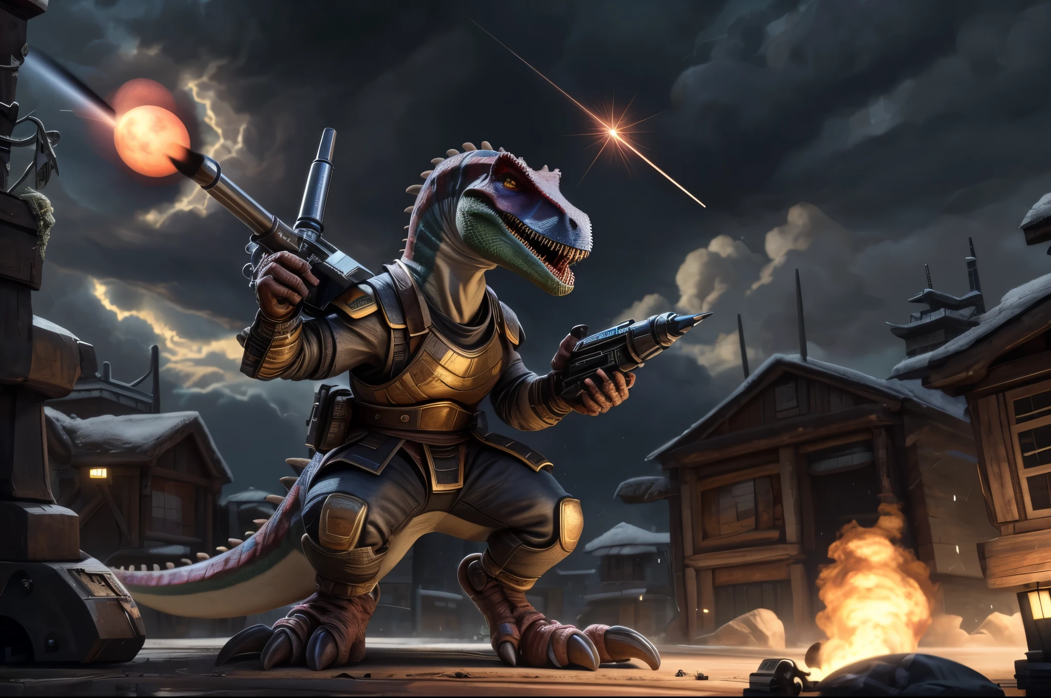 (((dinosaur character, full body, cinematic setting, lizard male))) 

Here I come, drop your jaws to the floor
I'm riding on my (((mighty laser-shooting dinosaur))) 
Here we come, can you hear him roar?

Prepare for epic fight and his (((laser missiles)))
The sound is boom, boom, boom for every time a goblin dies
Let's sing now, here we go, hear my battle cries

(((Made of metal))) from the moon
Assembled by samurai
His battery gets charged by thunderstorm
With most advanced AI
Devouring trolls and unicorns
From his maw there comes a flame
Burning away our enemies
And therefore we proclaim

BREAK, detailed background, 8K, (masterpiece:1.5), intricate details, highly detailed, extreme detail, octane render, fine art, best quality, highres, (detailed face:1.5), ((full_body)), UHD, (((perfect hands))), low light