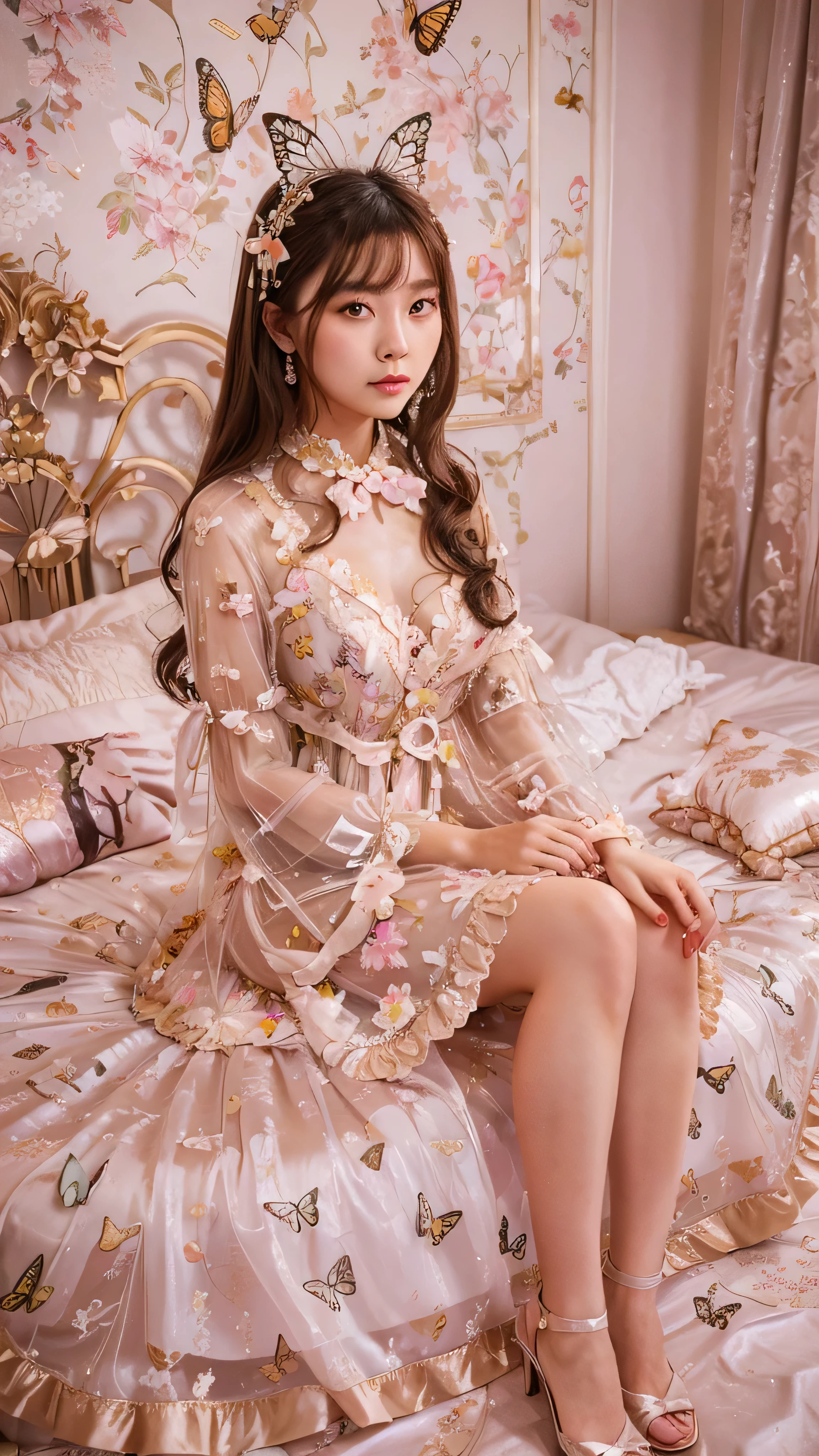 make her dress full transparent, sad expression, more detail dress ornament , visible through dress, detailed nipplete asian girl face, butterfly patdress, a ribbom luxurious shoes
