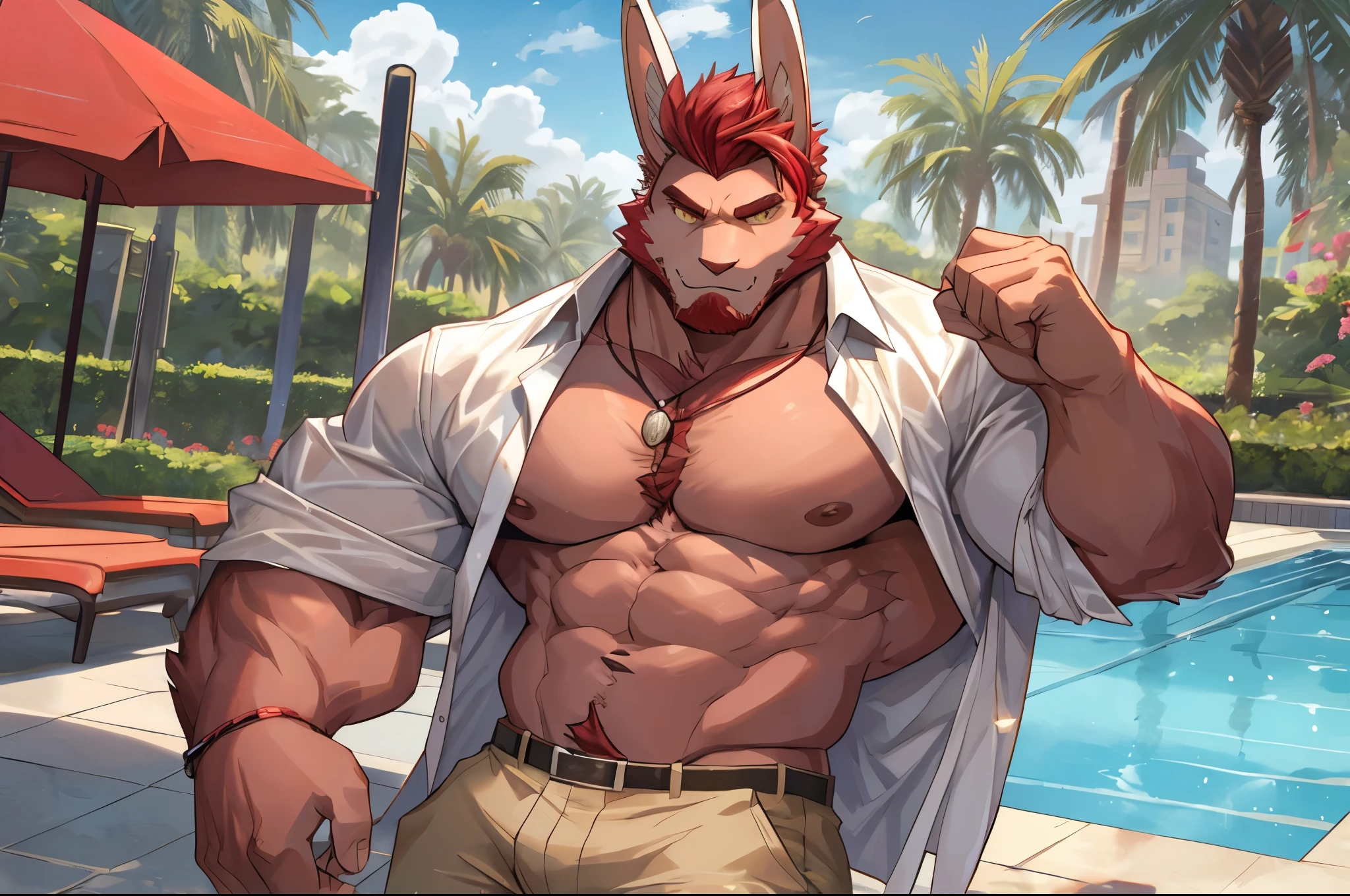 Anthropomorphic fox, In good condition, Pink fur, (Exquisite details), Smile, Handsome, OK, black underwear, ballroom, Waiter, Neon lights, canine, male, giggle, (Slim, muscular, exquisite eyes), naked,