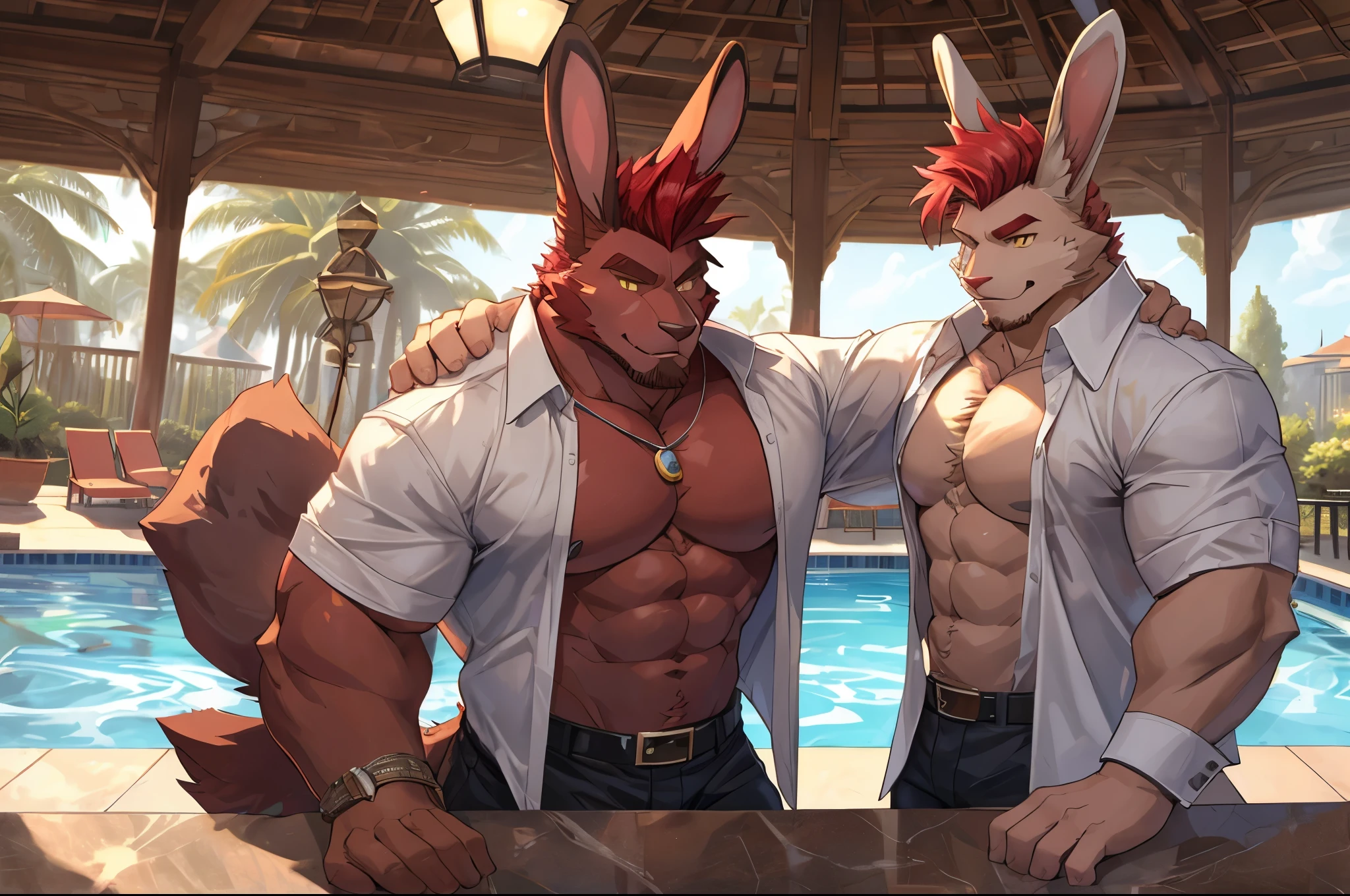 ((best quality)), ((masterpiece)), (detailed), perfect face, bara furry, rabbit man, big body, pink skin, short quiff red hair, yellow eyes, perfect eyes, long rabbit ears, handsome, open shirt at pool big dick, snfw