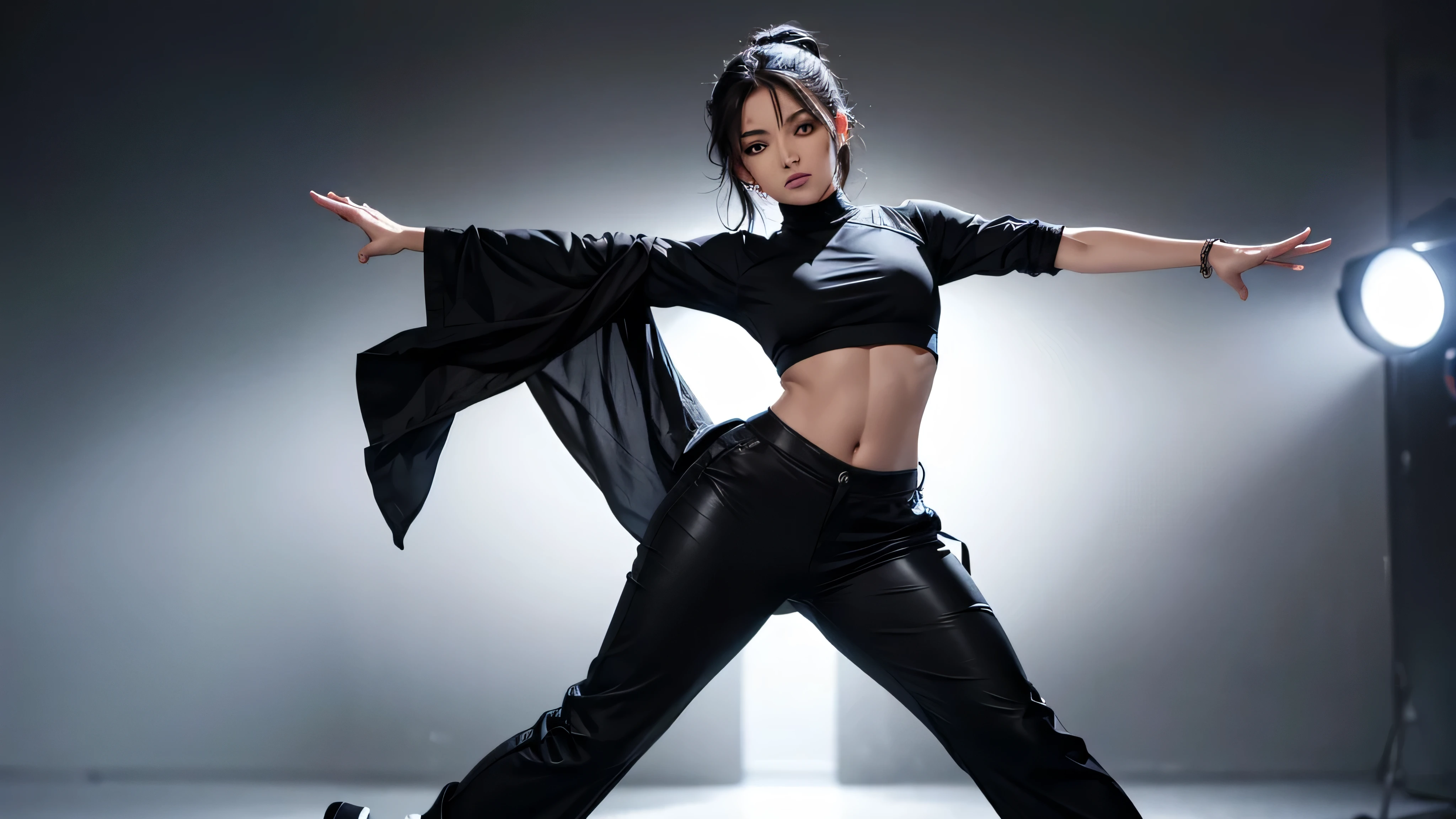 Female dancer, alone, street dancer, animated, full body, pants look, black clothing, white background, face facing front, T-pose.