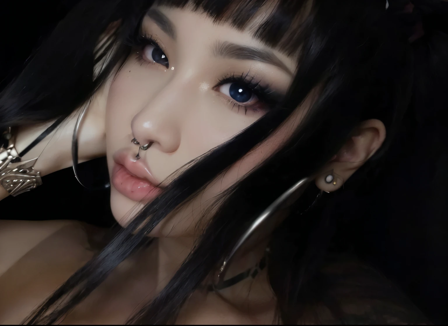 a close up of a woman with a very big nose ring, dark piercing eyes, detailed face of a asian girl, asian face, huge earrings and queer make up, with black pigtails, piercing glowing eyes, big piercing eyes, piercing stare, large piercing eyes, septum piercing, anime vibes, black hair and large eyes, gauged ears, ahegao face