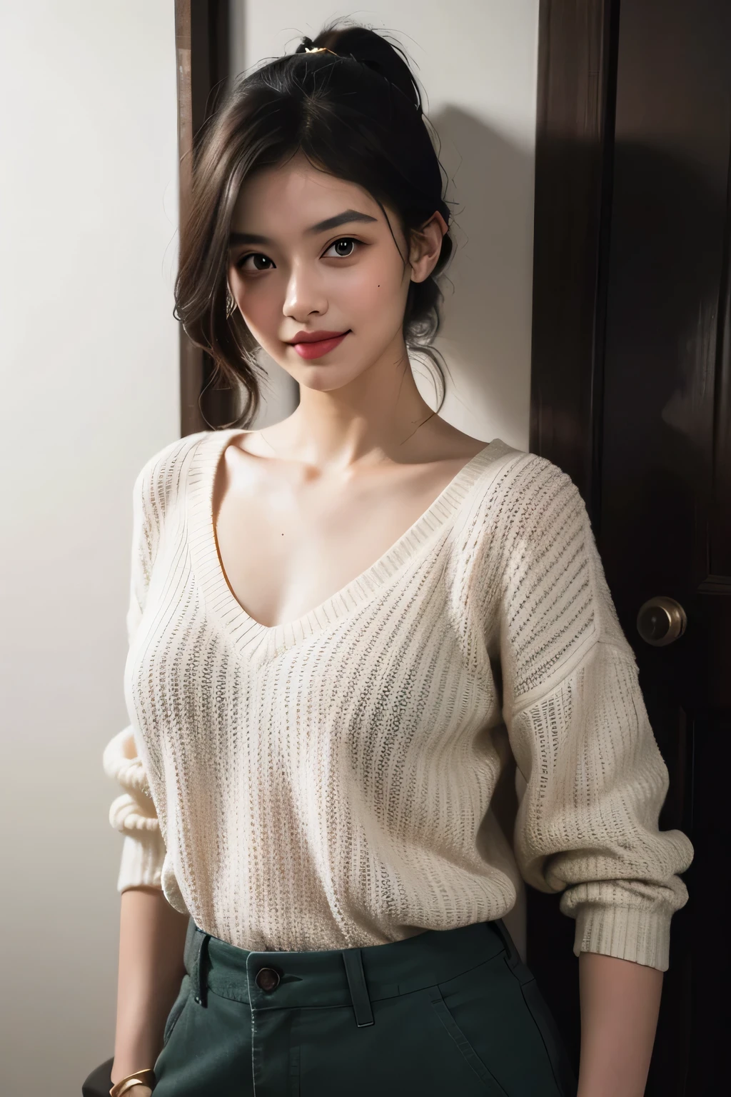 (best quality,highres,masterpiece:1.2),ultra-detailed,(realistic,photorealistic,photo-realistic:1.37),portraits,vivid colors,beautiful detailed eyes,beautiful detailed lips,elegant pose,dark green sweater,cream cargo pants,long black hair,cute ponytail,soft lips,blushing intensely,smiling, seductive gaze,medium chest,perfect body,shadows and highlights,vibrant lighting