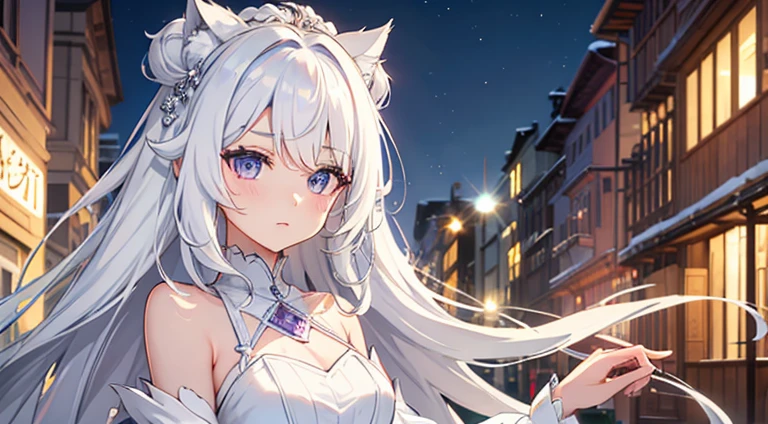 streaked hair, white hair, long hair, parted bangs, wavy hair, raised eyebrows, aqua eyes, purple eyes, glint, torogao, A beautiful woman, White Dress,White high heels, character chart, tachi-e, pov, panorama, bokeh, Surrealism, high detail, Romanticism, anime style, image fill, blending, UHD, 1080P, high details