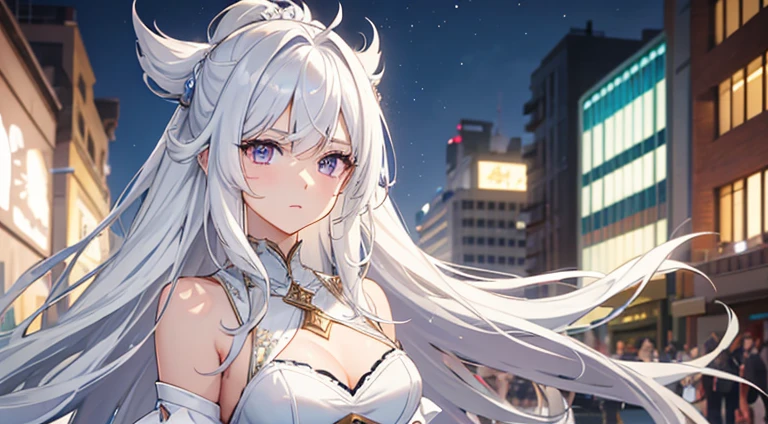streaked hair, white hair, long hair, parted bangs, wavy hair, raised eyebrows, aqua eyes, purple eyes, glint, torogao, A beautiful woman, White Dress,White high heels, character chart, tachi-e, pov, panorama, bokeh, Surrealism, high detail, Romanticism, anime style, image fill, blending, UHD, 1080P, high details