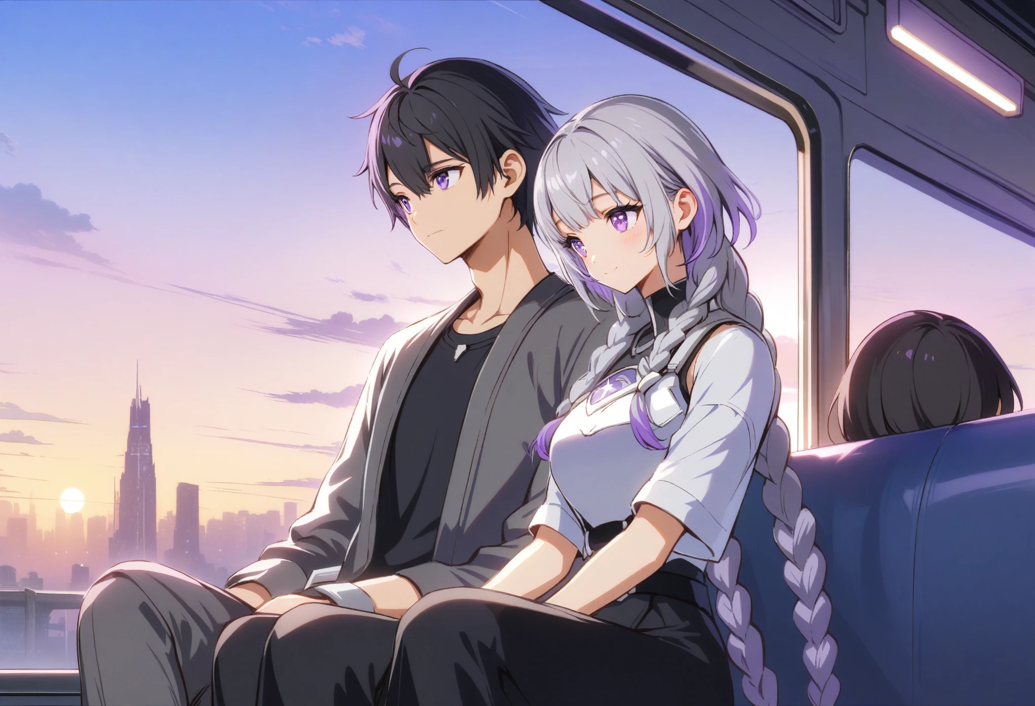 a couple sitting on a bench in a train,closed eyes,sleep, in style of makoto shinkai, 1girl and 1male,The girl's head rests on the male's shoulder, smile,yinji,1girl,delicate face,(twin braids),purple_hair,purple_eyes,very_long_hair,grey_hair,braided_ponytail,gradient_hair,BREAK 1male,( black hair,short hair:1.3), shirt,(Red pupils), the sun set, city landscape over  the window, The style blends realism and anime with detailed character designs and realistic environmental elements. Masterpiece, highly detailed, intricate textures, soft lighting, realistic environment, anime style,  serene mood