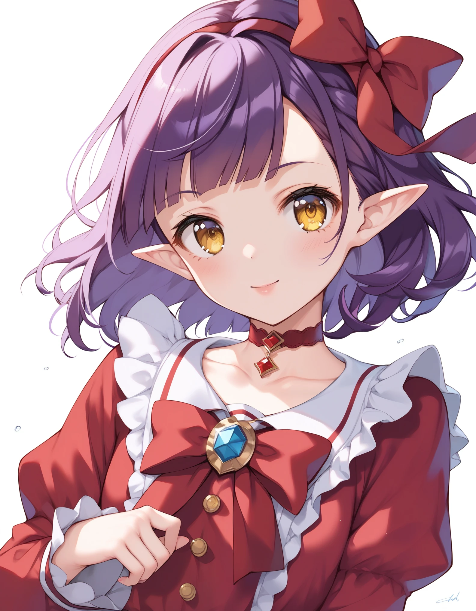 score_9,score_8_up,score_7_up, young, masterpiece, best quality, highres, nmm1, nekomusume, nekomusume \(gegege no kitarou 6\), 1girl, purple hair, yellow eyes, solo, red dress, red choker, hair bow, pointy ears, short hair, white shirt, long sleeves, red bow, bangs, collarbone, brooch, jewelry, pantyshot, white panties