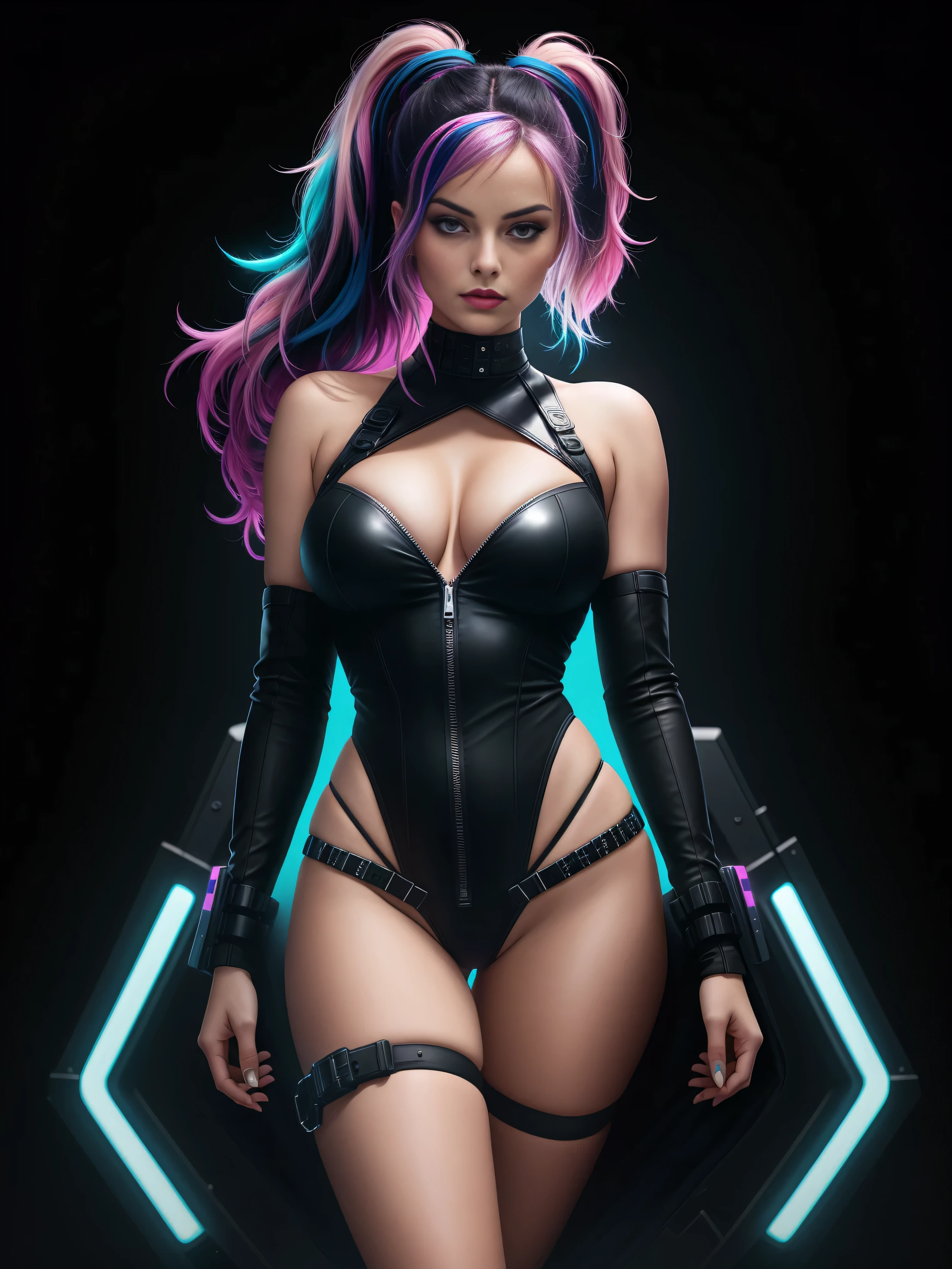 there is Margot Robbie, navy blue and bright purple neon streaked hair, hair in pony tail, 3 d neon art of a womans body, neon-noir background, cyberpunk femme fatale, seductive cyberpunk dark fantasy, cyberpunk strip clubs, cyberpunk 20 y. o model girl, oppai cyberpunk, banner, high definition cgsociety, cgsociety masterpiece, trending on cgstation, kda, random hair, looking at camera, gigantic breasts, cleavage, (high detailed skin:1.2), 8k uhd, dslr, super lighting, high quality, film grain, high res, highly detailed, hyper realistic, beautiful face, beautiful body, beautiful eyes nose lips, alluring expression, very bold, upper  visible, full body photo, standing legs apart, pale translucent glowing skin, most beautiful face, cute, (well defined pubic hair:1.2)), (dark plain black background:1.4))