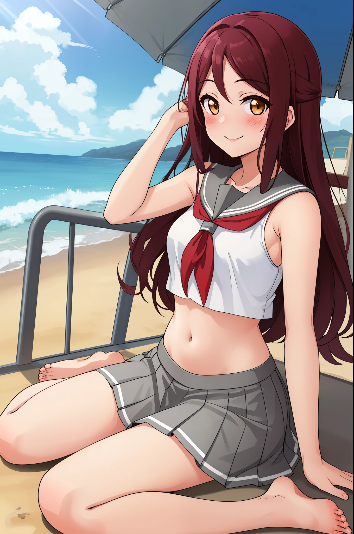 Masterpiece, best quality,solo,Sakurauchi riko, long hair, blush, smile, skirt, sitting, sleeveless, pleated skirt, sitting,wariza, barefoot, serafuku, grey skirt,  uranohoshi ,navel,beach