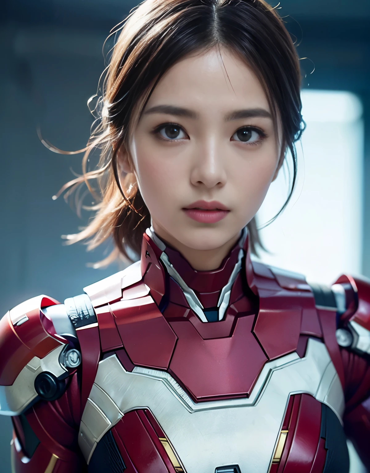 (1 girl)、highest quality、masterpiece、超A high resolution、(Realistic:1.4)、RAW Photos、日本の1 girl、((Cover the whole body,gloves))、Off the shoulder((Pink Iron Man Suit、detailed iron man suit、pink and white iron man suit、Evangelion Style、Plug Suit)、Pink and red interpolated colors、Portraiture、Close-up、Shadow、Octane Rendering、8k、Ultra Sharp、Gymnasium details、Very intricate details、Realistic Light、(Mysterious look)、Shining Eyes、To the camera、Small LED