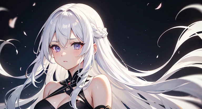 streaked hair, white hair, long hair, parted bangs, wavy hair, raised eyebrows, aqua eyes, purple eyes, glint, torogao, A beautiful woman, White Dress，White high heels, character chart, tachi-e, pov, panorama, bokeh, Surrealism, high detail, Romanticism, anime style, image fill, blending, UHD, 1080P, high details