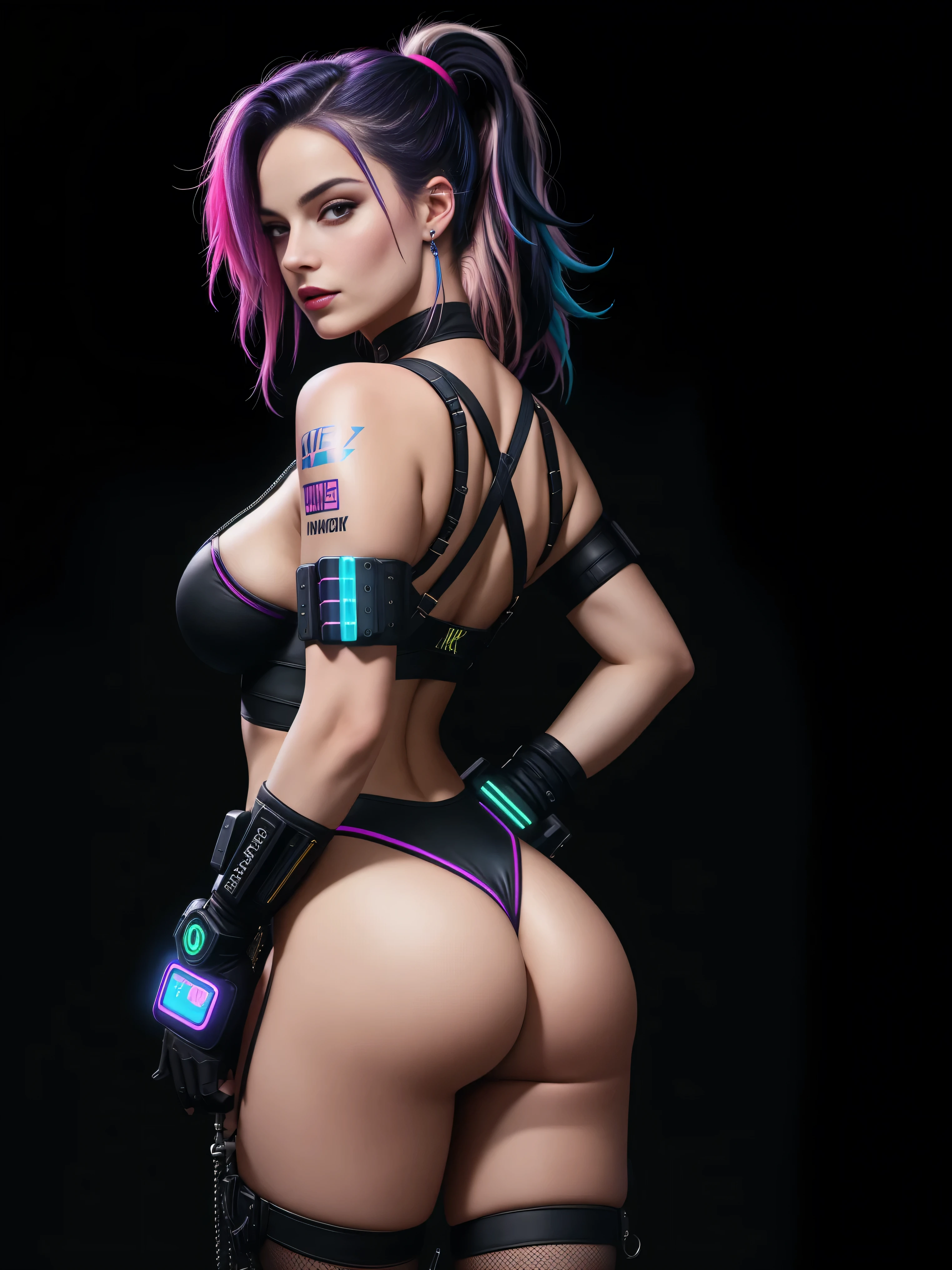 there is Margot Robbie, navy blue and bright purple neon streaked hair, hair in pony tail, 3 d neon art of a womans body, neon-noir background, cyberpunk femme fatale, seductive cyberpunk dark fantasy, cyberpunk strip clubs, cyberpunk 20 y. o model girl, oppai cyberpunk, banner, high definition cgsociety, cgsociety masterpiece, trending on cgstation, kda, random hair, looking at camera, gigantic breasts, cleavage, (high detailed skin:1.2), 8k uhd, dslr, super lighting, high quality, film grain, high res, highly detailed, hyper realistic, beautiful face, beautiful body, beautiful eyes nose lips, alluring expression, very bold, upper  visible, full body photo, standing legs apart, standing, ((back to camera:1.6)), pale translucent glowing skin, most beautiful face, cute, (well defined pubic hair:1.2)), (dark plain black background:1.4))