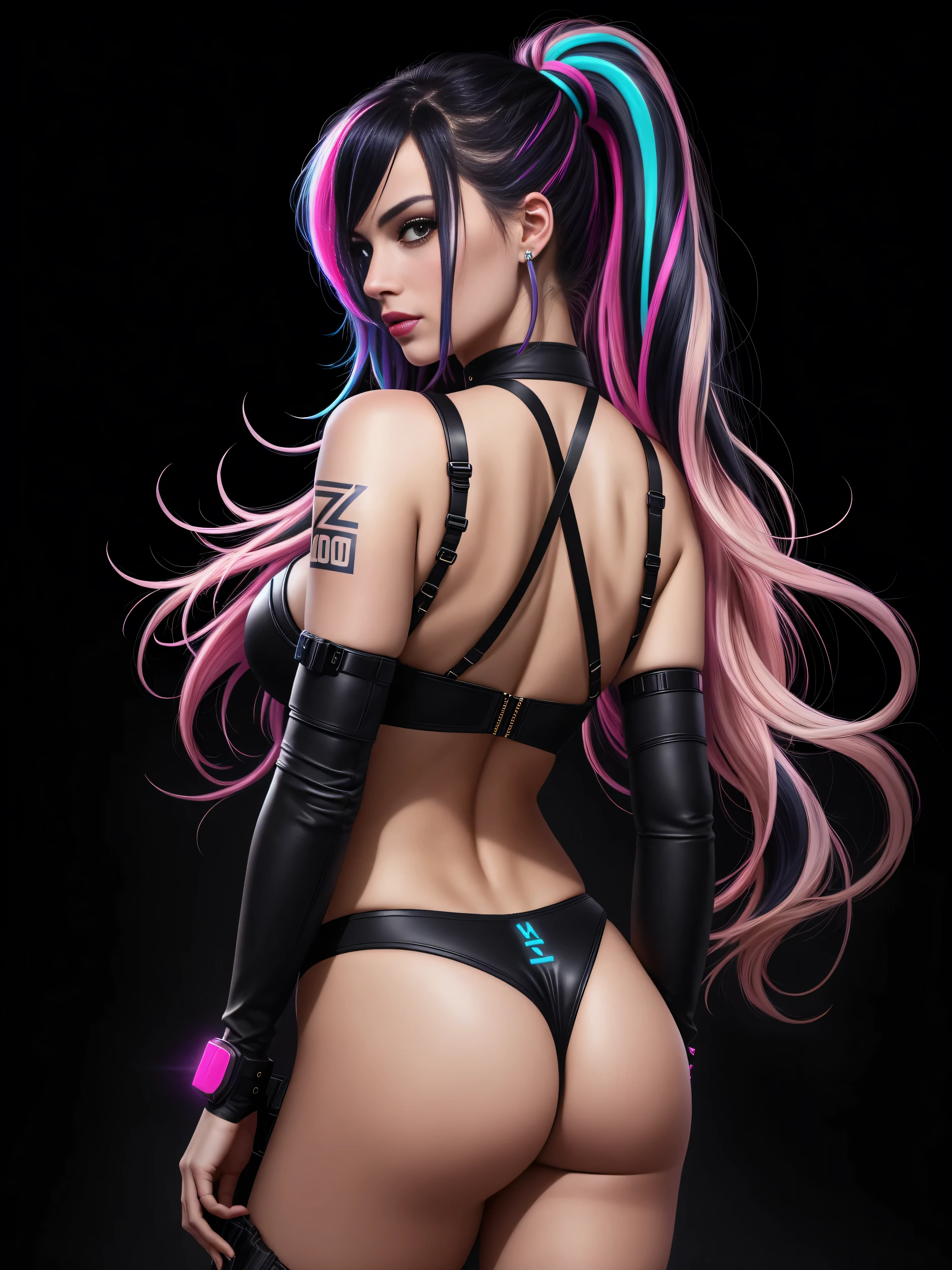 there is Margot Robbie, navy blue and bright purple neon streaked hair, hair in pony tail, 3 d neon art of a womans body, neon-noir background, cyberpunk femme fatale, seductive cyberpunk dark fantasy, cyberpunk strip clubs, cyberpunk 20 y. o model girl, oppai cyberpunk, banner, high definition cgsociety, cgsociety masterpiece, trending on cgstation, kda, random hair, looking at camera, gigantic breasts, cleavage, (high detailed skin:1.2), 8k uhd, dslr, super lighting, high quality, film grain, high res, highly detailed, hyper realistic, beautiful face, beautiful body, beautiful eyes nose lips, alluring expression, very bold, upper visible, full body photo, standing legs apart, standing, ((back to camera:1.6)), pale translucent glowing skin, most beautiful face, cute, (well defined pubic hair:1.2)), (dark plain black background:1.4))