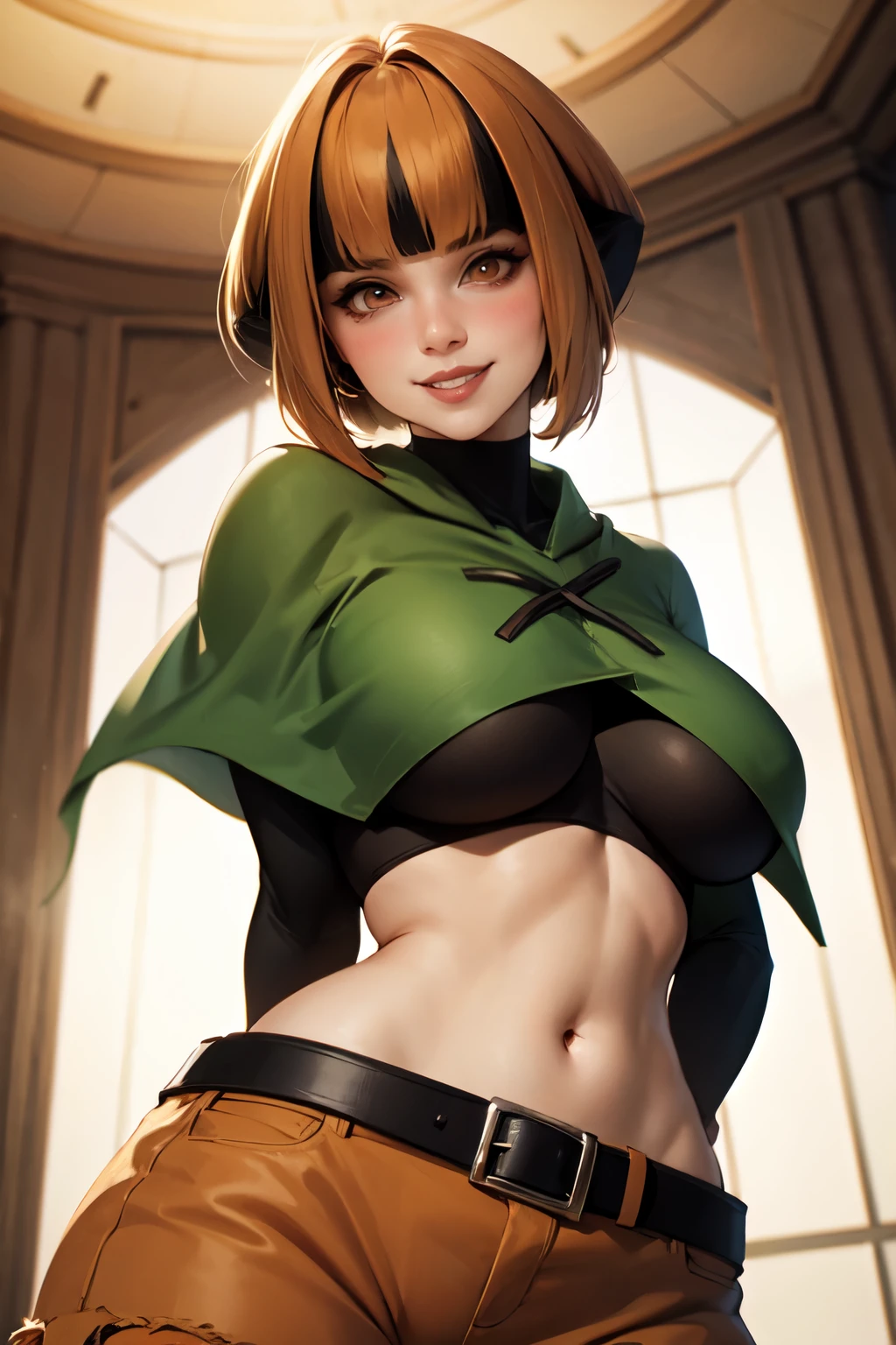 masterpiece, best quality,  natane, multicolored hair, green capelet, black shirt, long sleeves, midriff, belt, orange shorts, huge breasts, from below, smile, flowers, blush, 