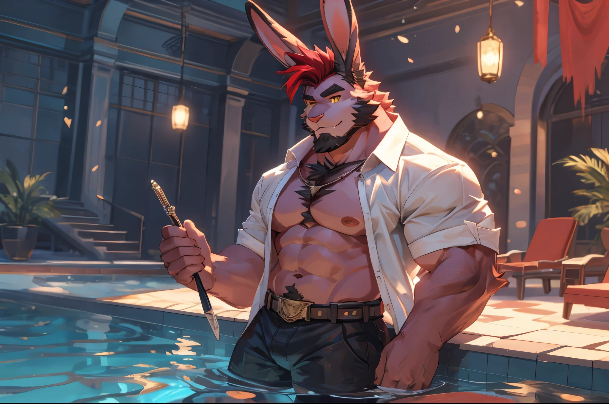 ((best quality)), ((masterpiece)), (detailed), perfect face, bara furry, rabbit man, big body, pink skin, short quiff red hair, yellow eyes, perfect eyes, long rabbit ears, handsome, open shirt at pool big dick, snfw