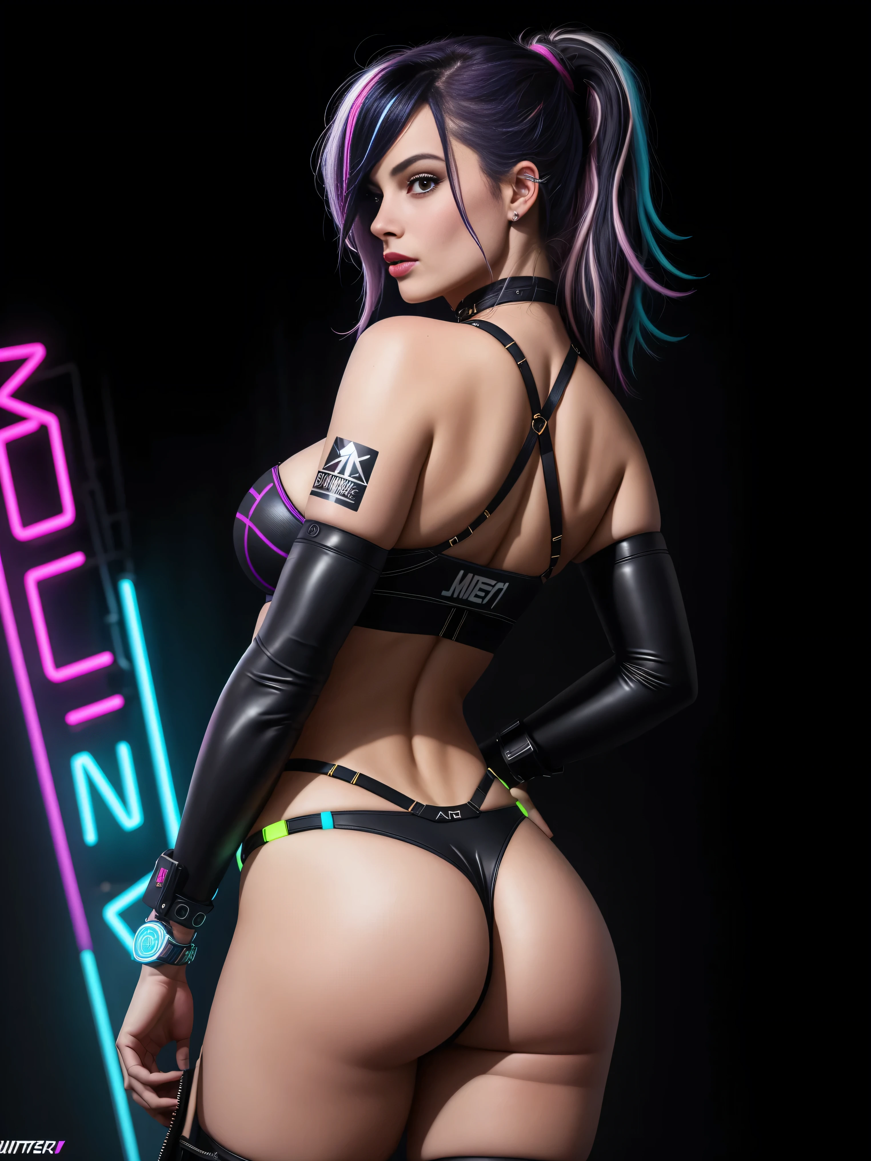 there is Margot Robbie, navy blue and bright purple neon streaked hair, nice ass, hair in pony tail, 3 d neon art of a womans body, neon-noir background, cyberpunk femme fatale, seductive cyberpunk dark fantasy, cyberpunk strip clubs, cyberpunk 20 y. o model girl, oppai cyberpunk, banner, high definition cgsociety, cgsociety masterpiece, trending on cgstation, kda, random hair, looking at camera, gigantic breasts, cleavage, (high detailed skin:1.2), 8k uhd, dslr, super lighting, high quality, film grain, high res, highly detailed, hyper realistic, beautiful face, beautiful body, beautiful eyes nose lips, alluring expression, very bold, upper  visible, full body photo, standing legs apart, standing, ((back to camera:1.6)), pale translucent glowing skin, most beautiful face, cute, (well defined pubic hair:1.2)), (dark plain black background:1.4))