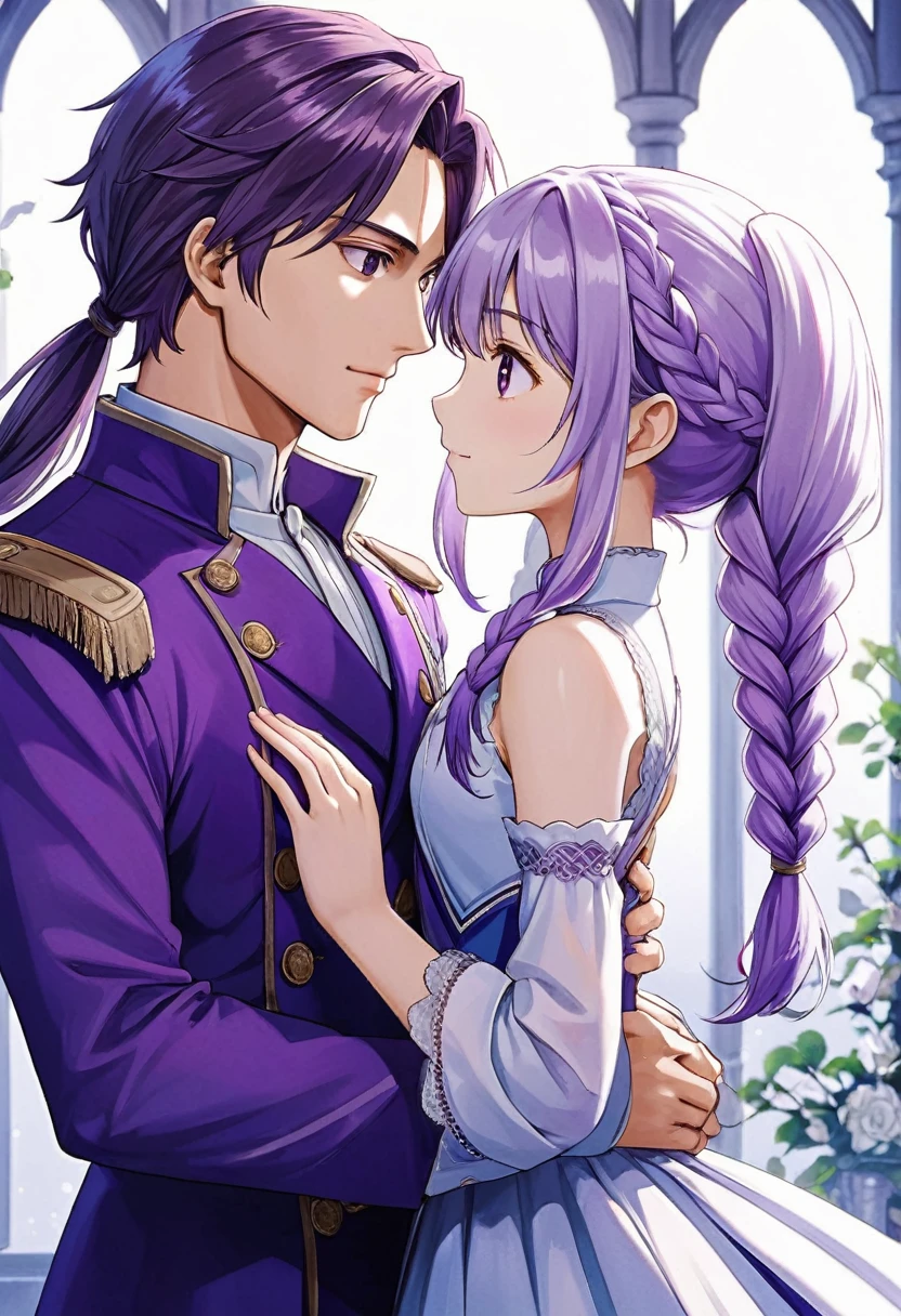 Couple Photo, anime realism, love story, Purple white gradient double braid long ponytail, personality, (masterpiece, best quality, Professional, perfect composition, very aesthetic, absurdres, ultra-detailed, intricate details:1.3)