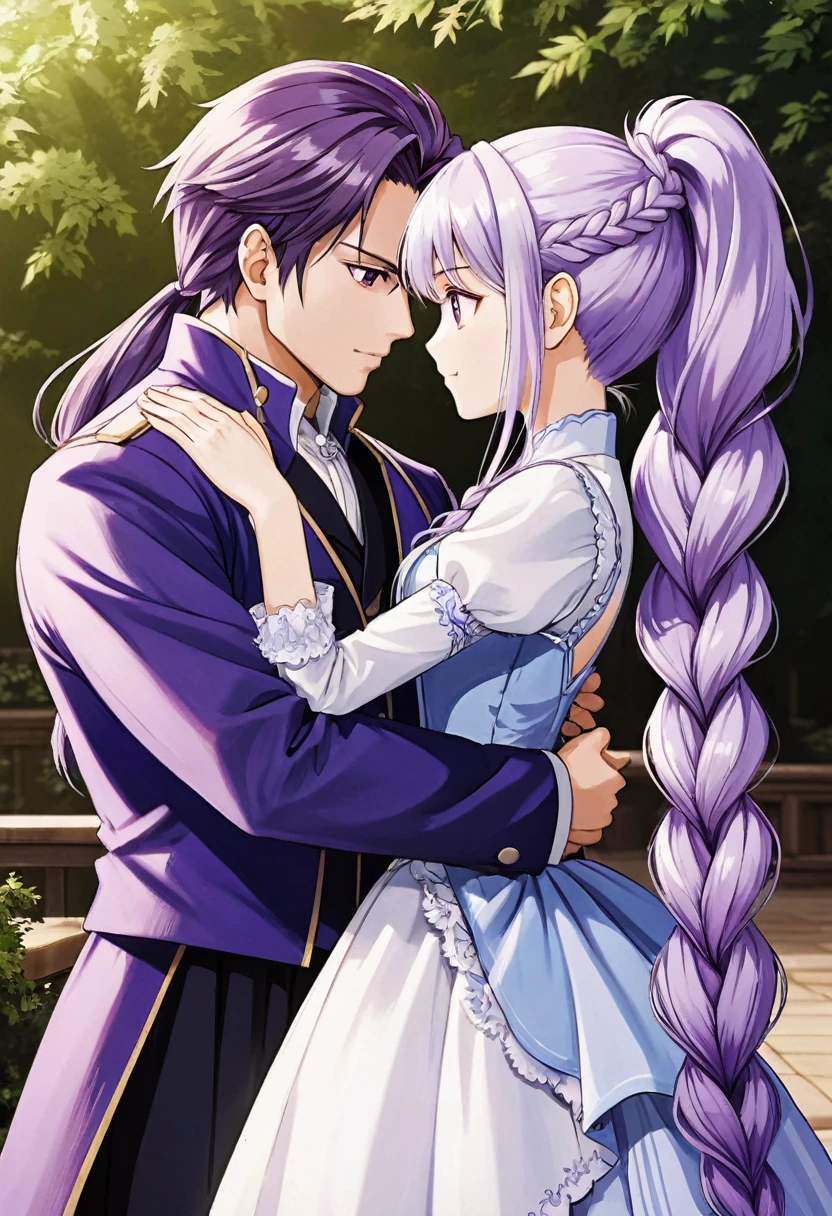 Couple Photo, anime realism, love story, Purple white gradient double braid long ponytail, personality, (masterpiece, best quality, Professional, perfect composition, very aesthetic, absurdres, ultra-detailed, intricate details:1.3)