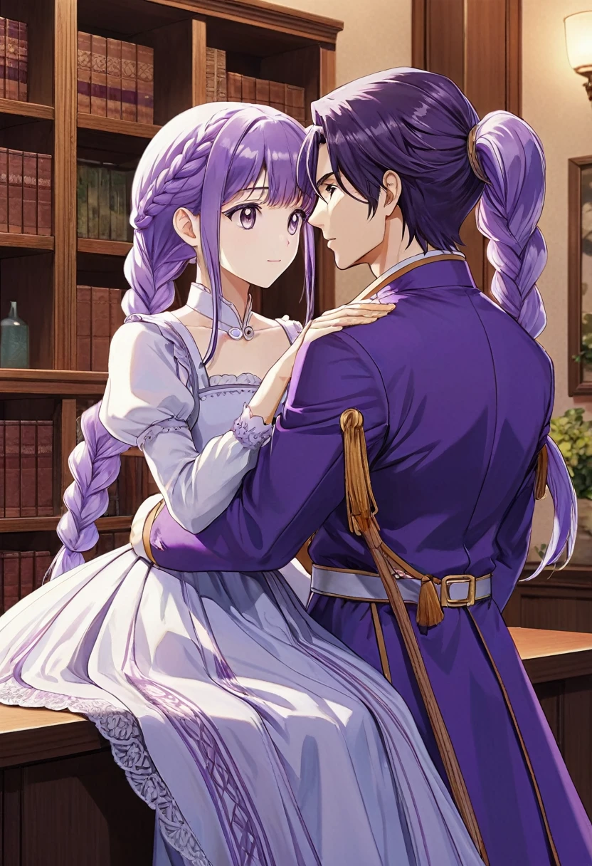 Couple Photo, anime realism, love story, Purple white gradient double braid long ponytail, personality, (masterpiece, best quality, Professional, perfect composition, very aesthetic, absurdres, ultra-detailed, intricate details:1.3)