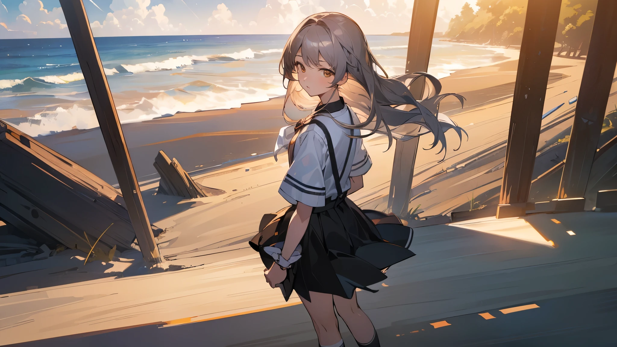 ((masterpiece)), ((highest quality)), ((High resolution)), ((Highly detailed CG Unity 8k wallpaper)), alone, tachibana kanade, Brown uniform, Black Skirt, White socks, Outdoor, face, curtained hair, Beach, Parted hair, Silver Hair