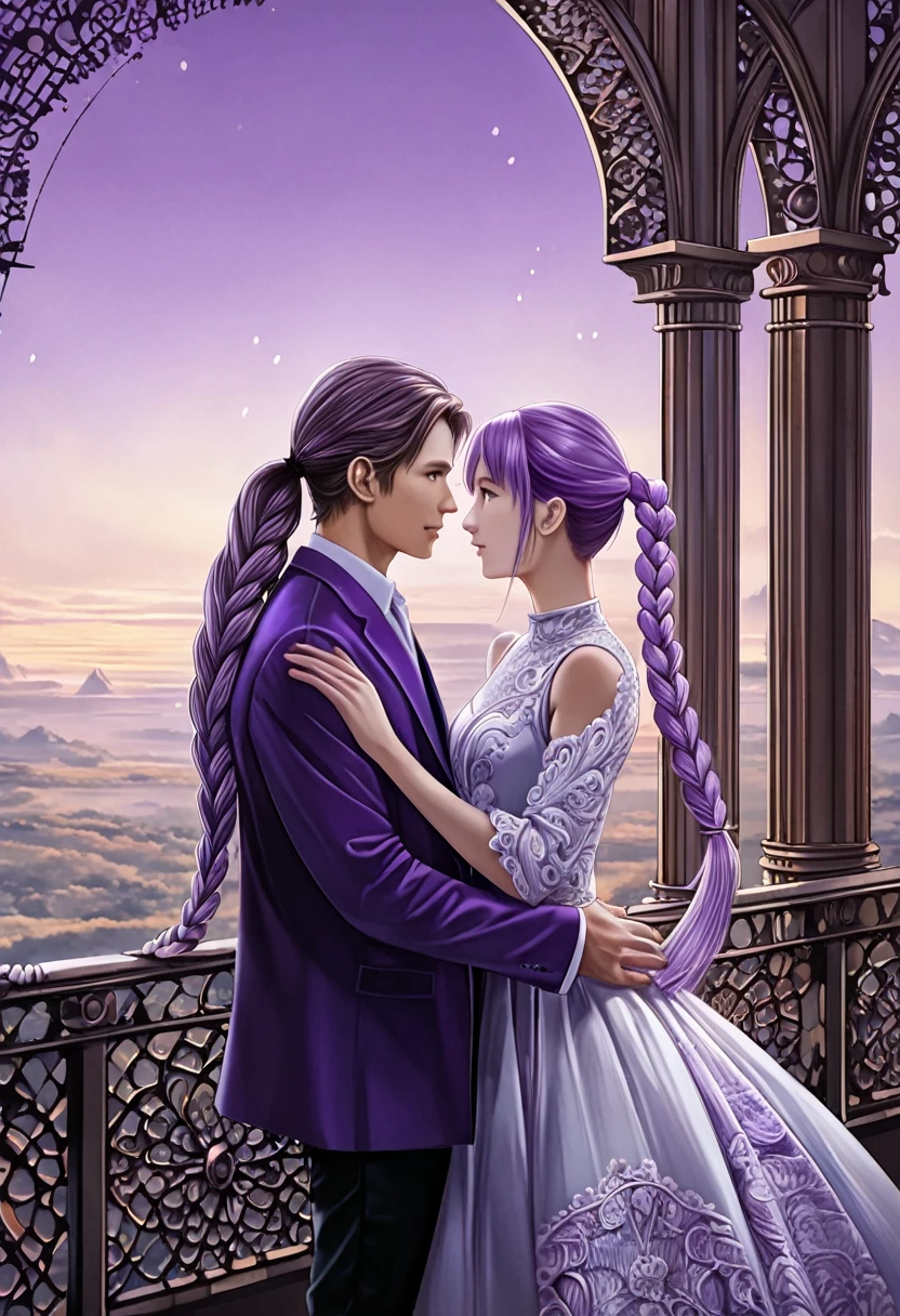 Couple Photo, anime realism, love story, Purple white gradient double braid long ponytail, personality, (masterpiece, best quality, Professional, perfect composition, very aesthetic, absurdres, ultra-detailed, intricate details:1.3)